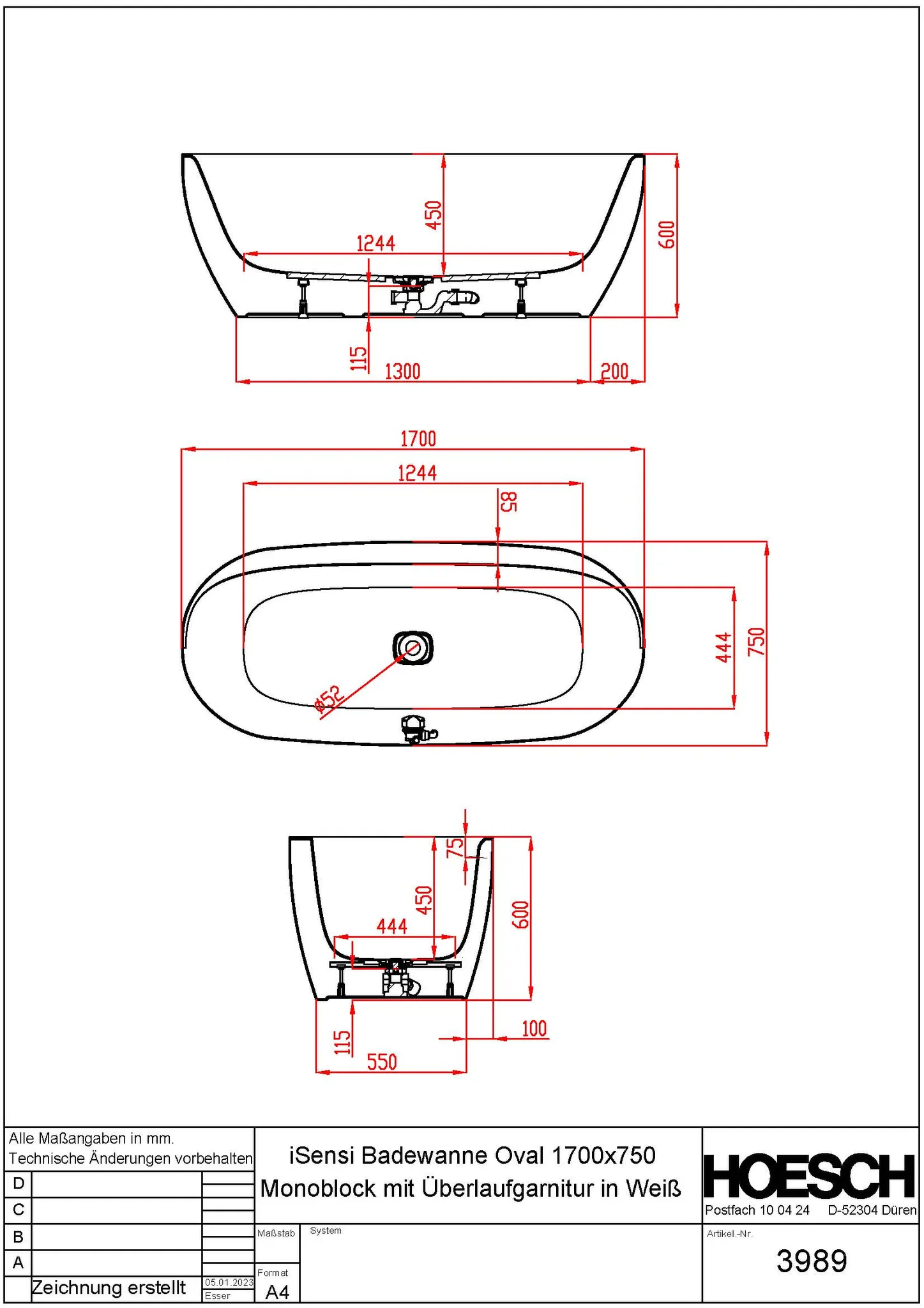 Hoesch Badewanne „iSensi“ Monolith freistehend oval 170 × 75 cm in Weiß-Grau