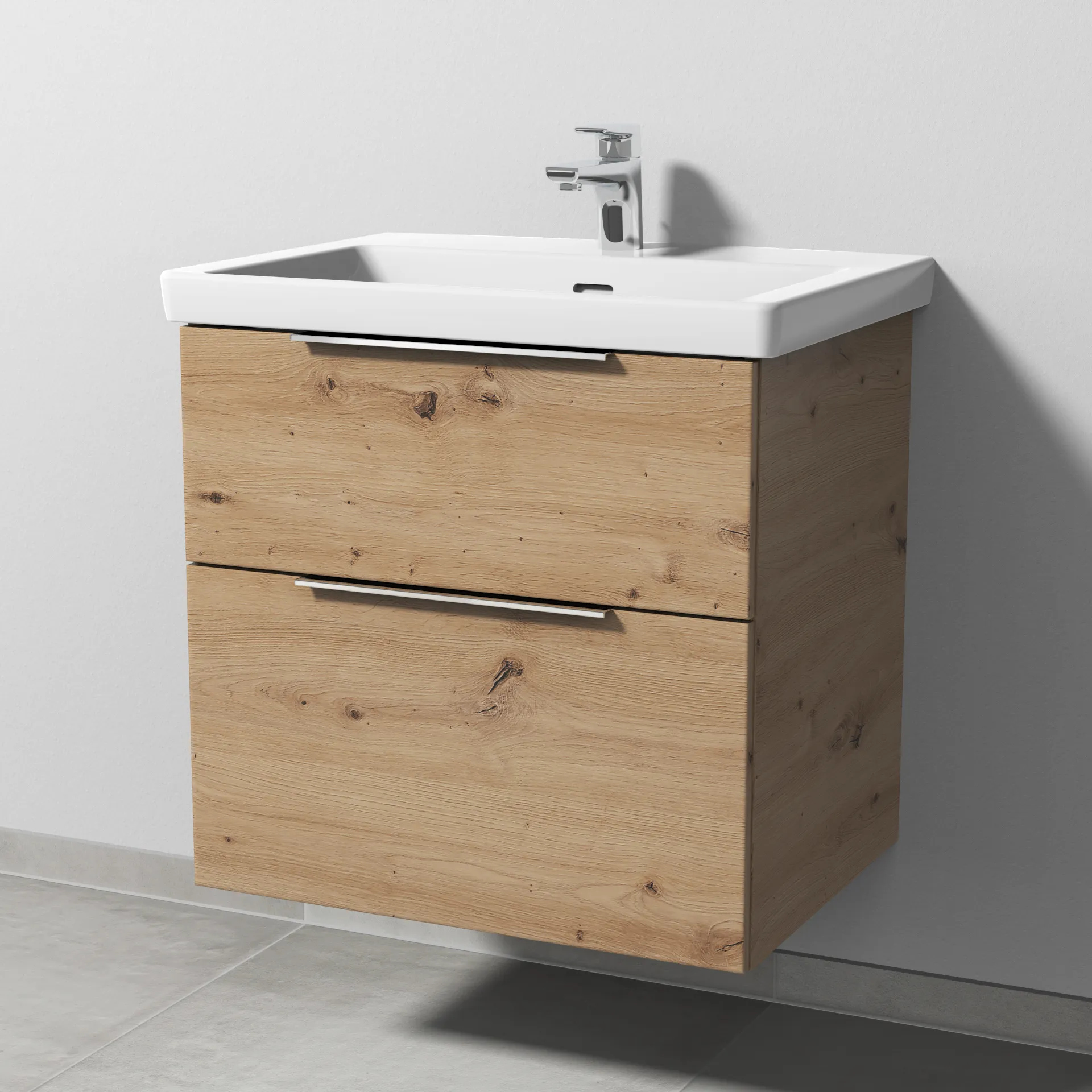 Sanipa Waschtischunterschrank „3way“ 605 × 588 × 462 mm in Eiche Natural-Touch, mit Hahnlochbohrung, Becken mittig