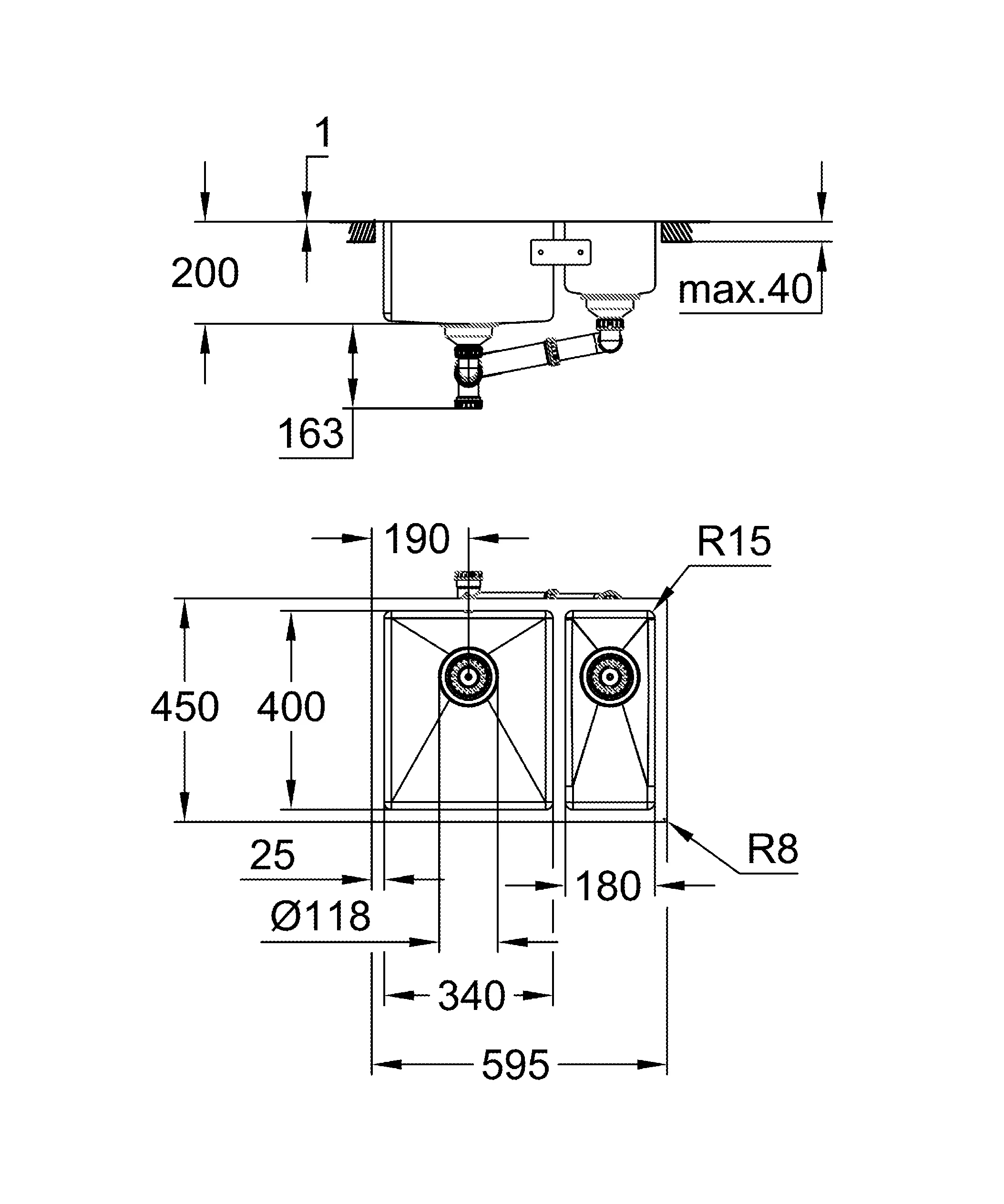 Edelstahlspüle K700 Unterbau 31577_1, Modell: K700U 60-S 59.5/45 1.5 lh, Montageart: Unterbau, aufliegend oder flächenbündig, Maße: 595 x 450 mm, 1 Becken: 340 x 400 x 200 mm, 0,5 Becken: 180 x 400 x 140 mm, links einbaubar, edelstahl