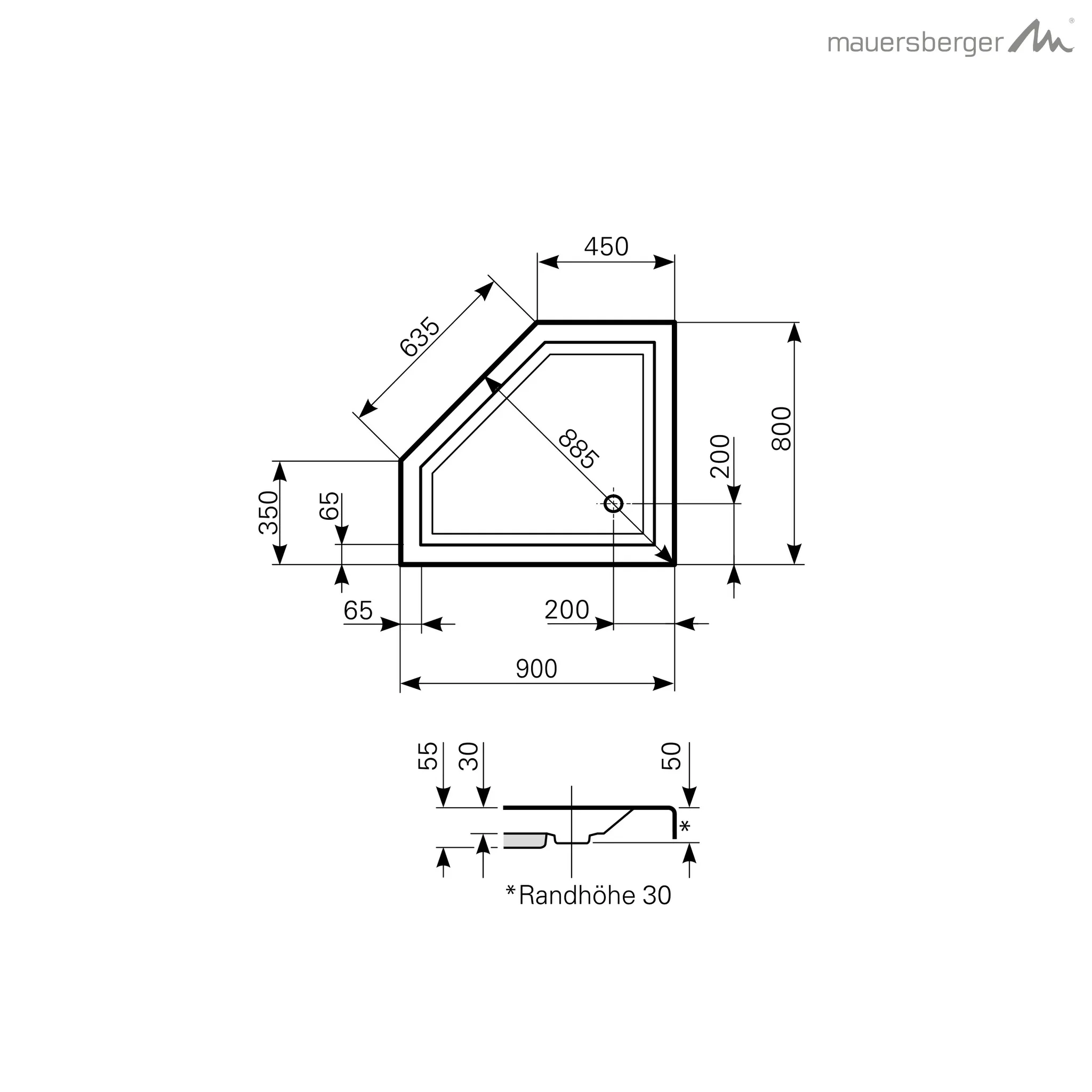 Mauersberger Acryl-Duschwanne circi 90⁄80 SF links, 900x800x55, rein-weiß