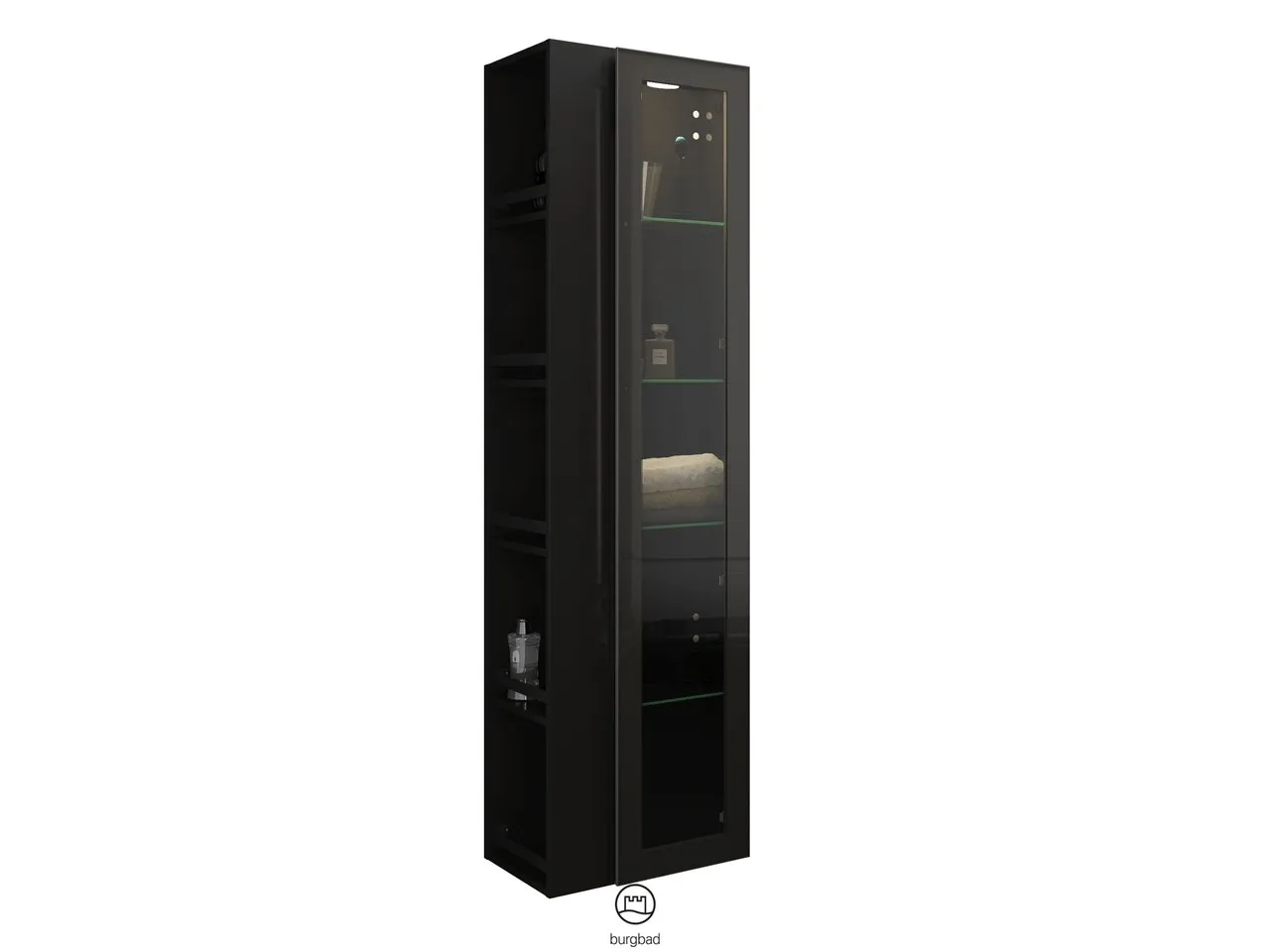 Hochschrank, 1 Alurahmentür mit Rauchglaseinsatz in Bronze;4 Glaseinlegeböden;LED-Innenbeleuchtung, 5 W, 4000 K;Energieeffizienzklasse F;für Raumschaltung;offenes Regal mit 4 Einlegeböden;IP20, Tiefe: 320 mm, Breite: 500 mm, Höhe: 1760 mm