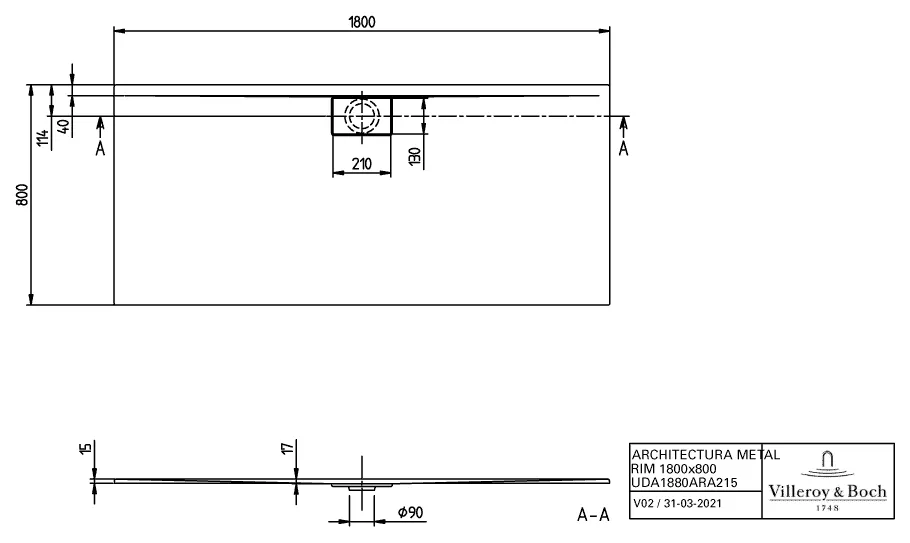 Villeroy & Boch rechteck Duschwanne „Architectura MetalRim“ 180 × 80 cm mit Antirutsch (VILBOgrip), in Weiß Alpin