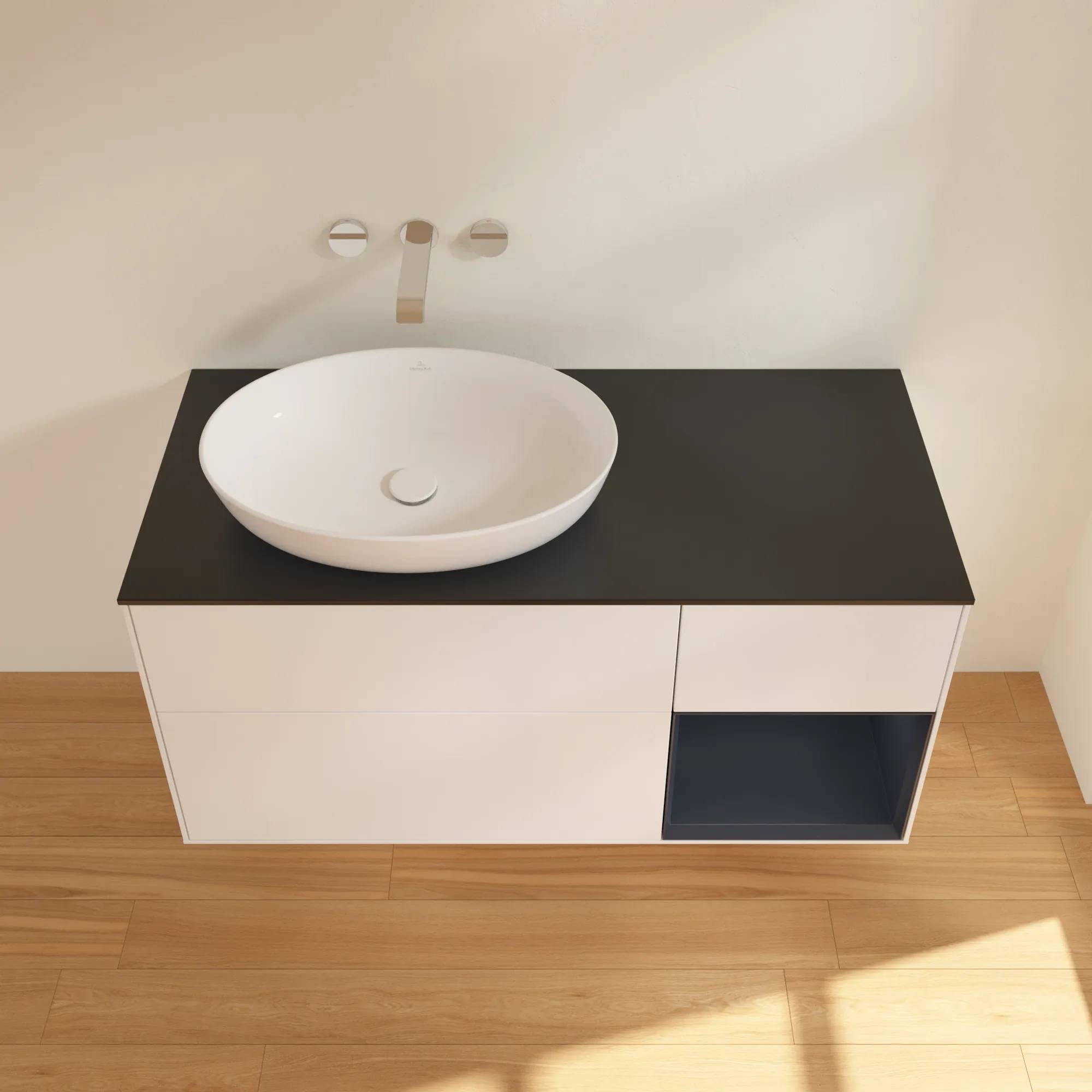 Villeroy & Boch Waschtischunterschrank „Finion“ für Schrankwaschtisch 1200 × 603 × 501 mm White Matt Lacquer, für Becken links, ohne Hahnlochbohrung