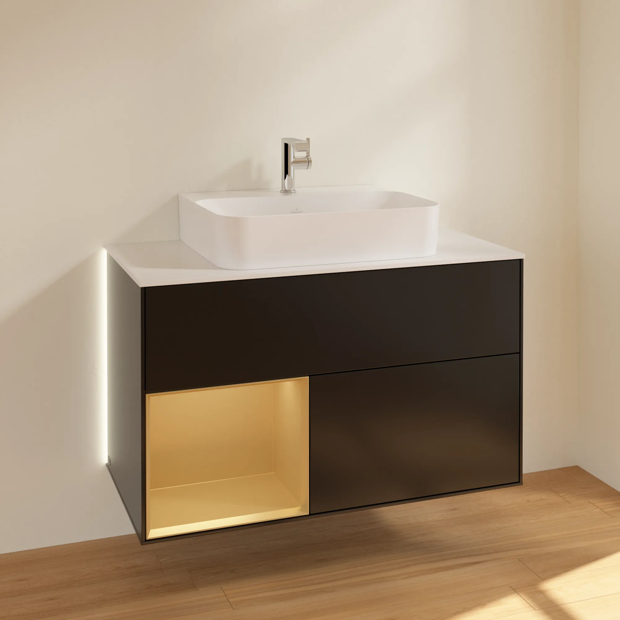 Villeroy & Boch Waschbeckenunterschrank Finion G11, 1000x603x501 mm, Black Matt Lacquer / Gold Matt Lacquer, mit Beleuchtung und SoftClosing Villeroy & Boch Waschbeckenunterschrank Finion G11, 1000x603x501 mm, Black Matt Lacquer / Gold Matt Lacquer, mit Beleuchtung und SoftClosing