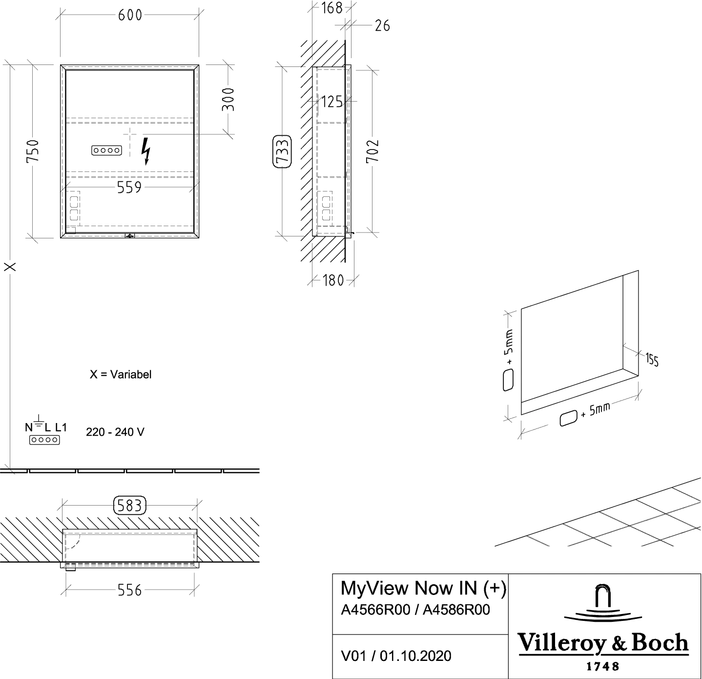 Villeroy & Boch Unterputz-Spiegelschrank „My View Now“ 60 × 75 × 16,8 × 16,8 cm