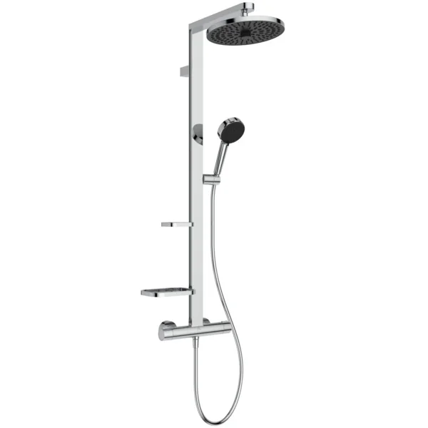 Ideal Standard Ceratherm Alu+ Duschsystem mit Brausethermostat, Chrom, 2 Ablagen, 2 Strahlarten Hand- und Kopfbrause, Idealflex Brauseschlauch