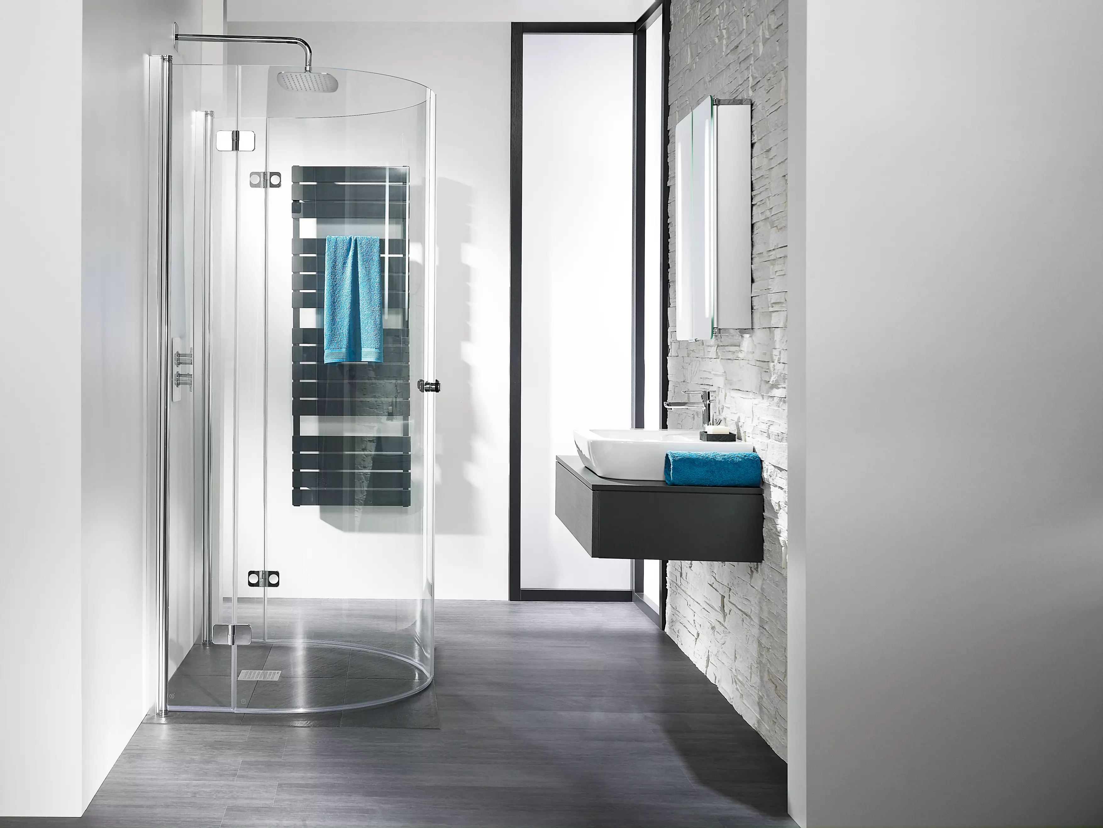 HSK Runddusche Drehfalttür pendelbar, 4-teilig „Exklusiv 2.0“ Glas Klar hell, Profile Alu Silber-matt, Scharniere Premium Softcube, B: 1100 mm H: 2020 mm T: 900 mm
