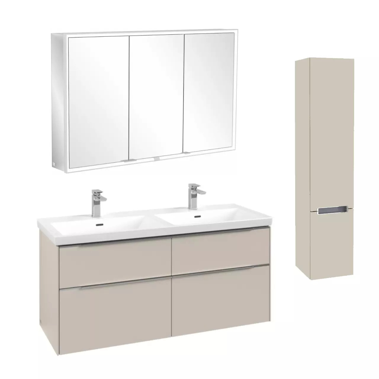 Villeroy & Boch Set-Möbelset aus Spiegelschrank, Doppelwaschtisch, Unterschrank und Hochschrank in Cashmere Grey Villeroy & Boch Set-Möbelset aus Spiegelschrank, Doppelwaschtisch, Unterschrank und Hochschrank in Cashmere Grey