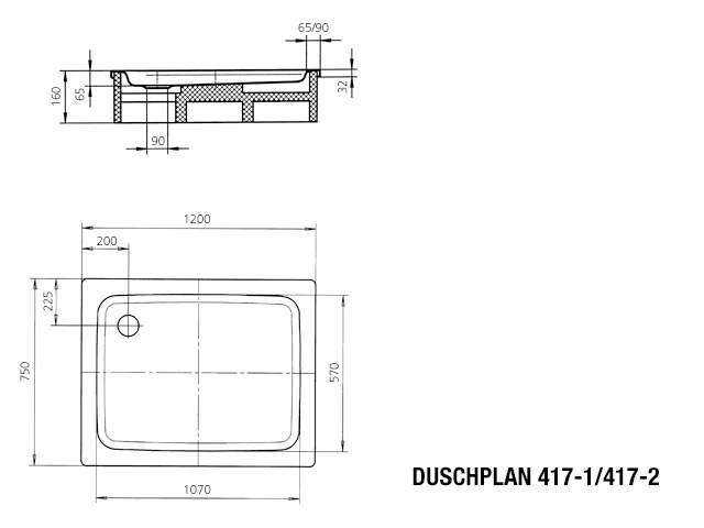 Kaldewei Duschplan mit Wannenträger, alpinweiß, 750 x 1200 mm, 32 mm Randhöhe, 65 mm Tiefe