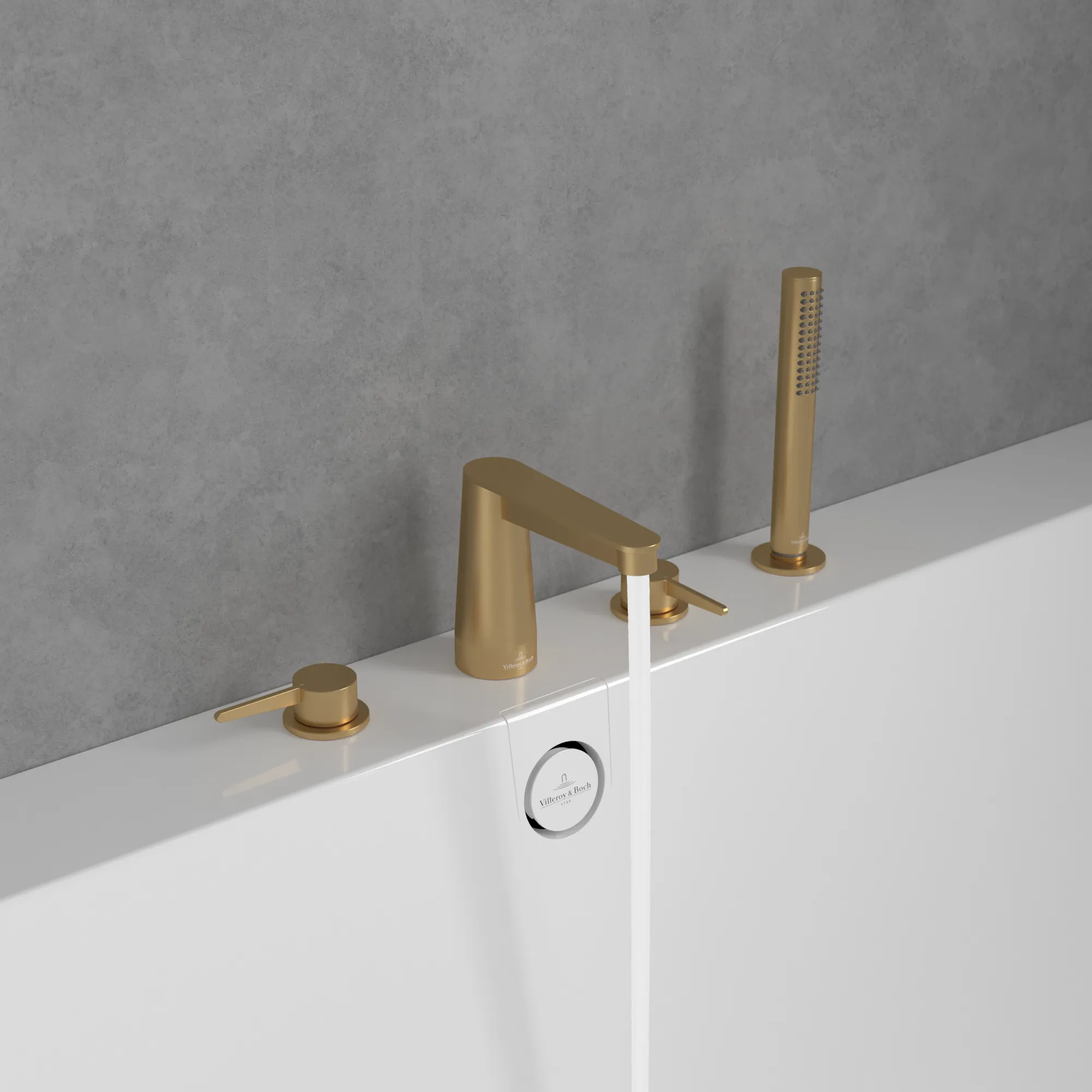 Villeroy & Boch Conum Vierloch-Badewannenrandarmatur, Brushed Gold, 455x165x124 mm, Höhe 124 mm, inkl. Schlauch und Handbrause