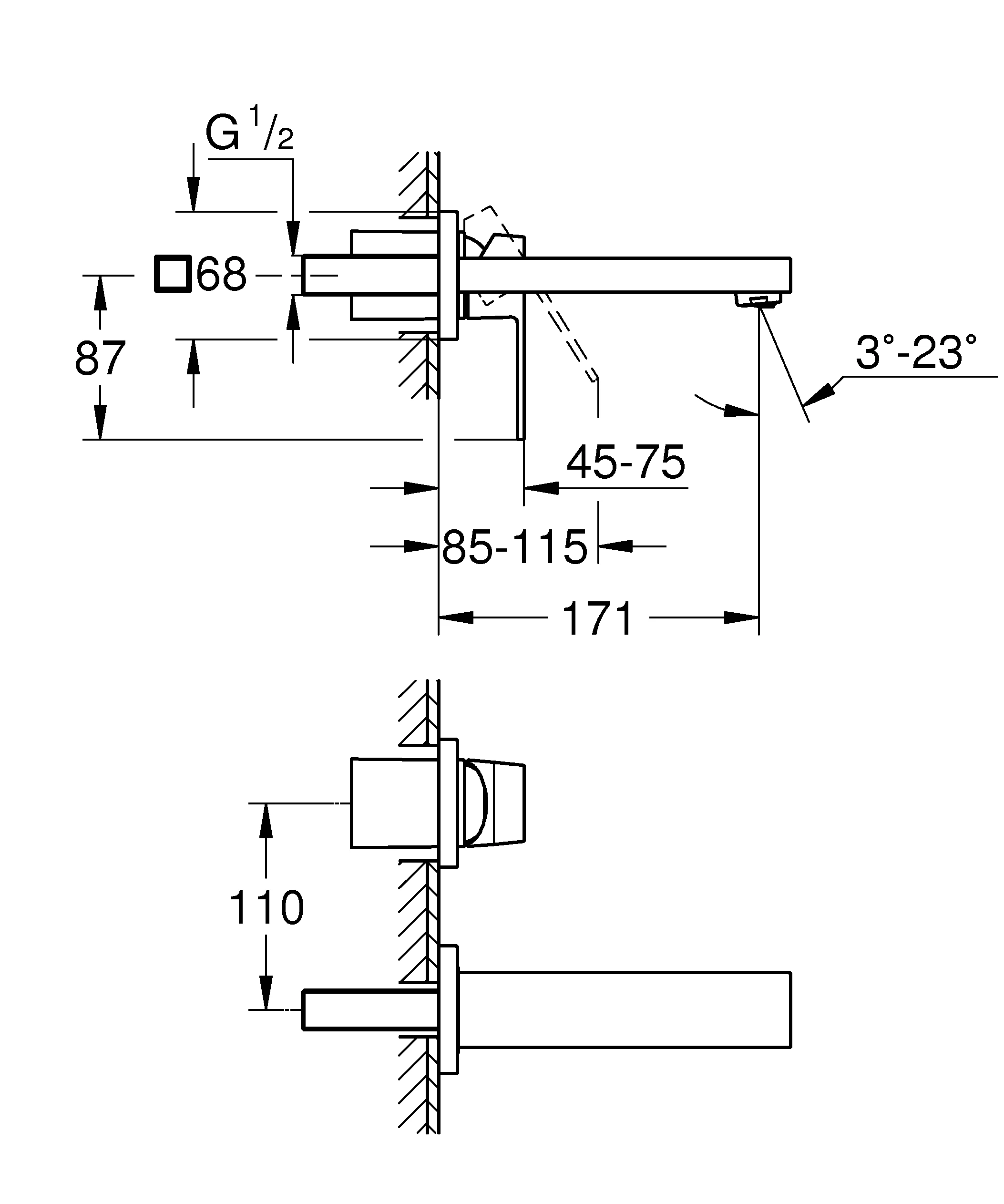 2-Loch-Waschtischbatterie Eurocube 19895, Wandmontage, Fertigmontageset für 23200, Ausladung 171 mm, chrom