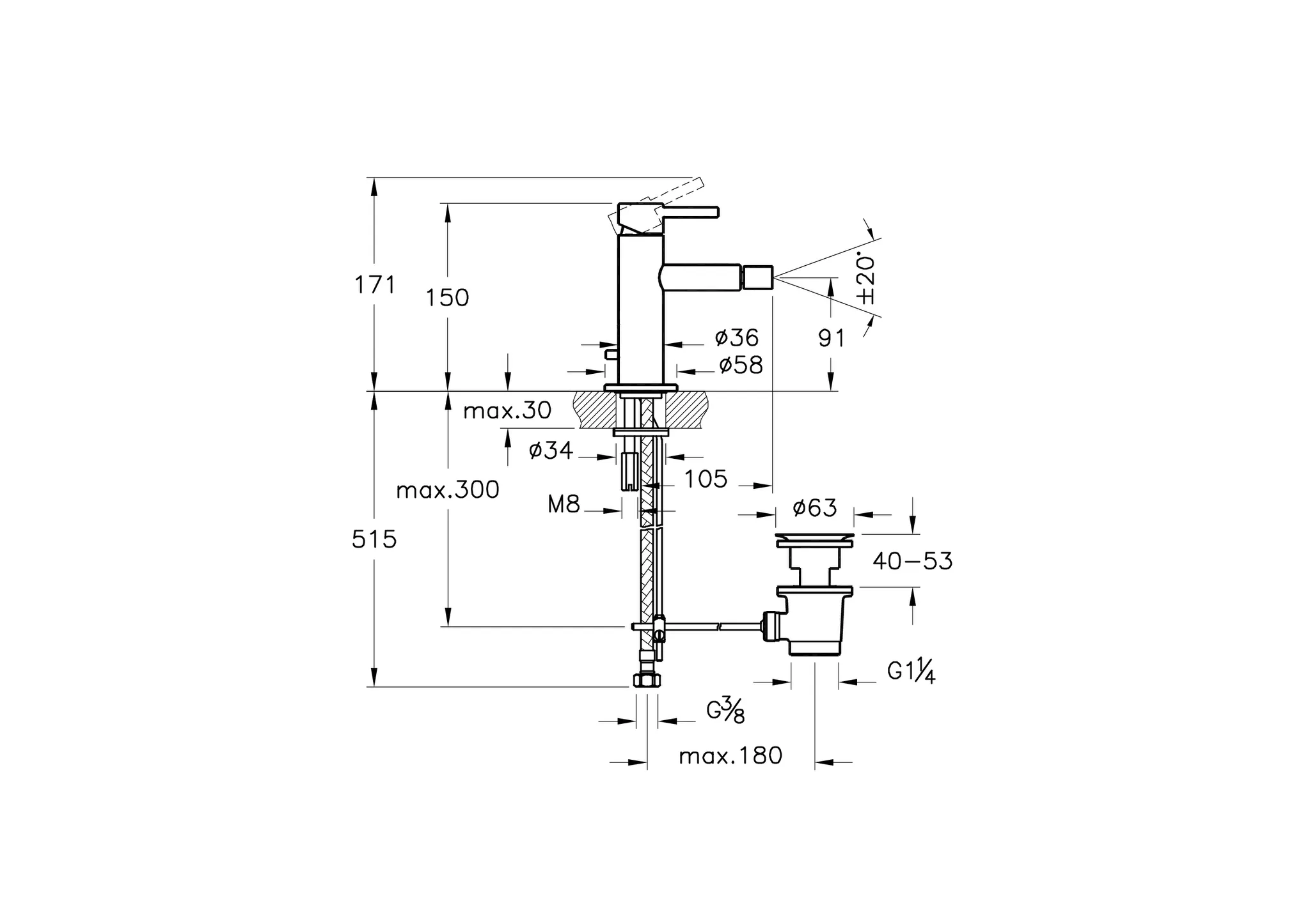 Origin Einhebel-Bidetmischer mit Ablaufgarnitur Höhe 15 cm Einlochmontage Schwarz Matt WTC