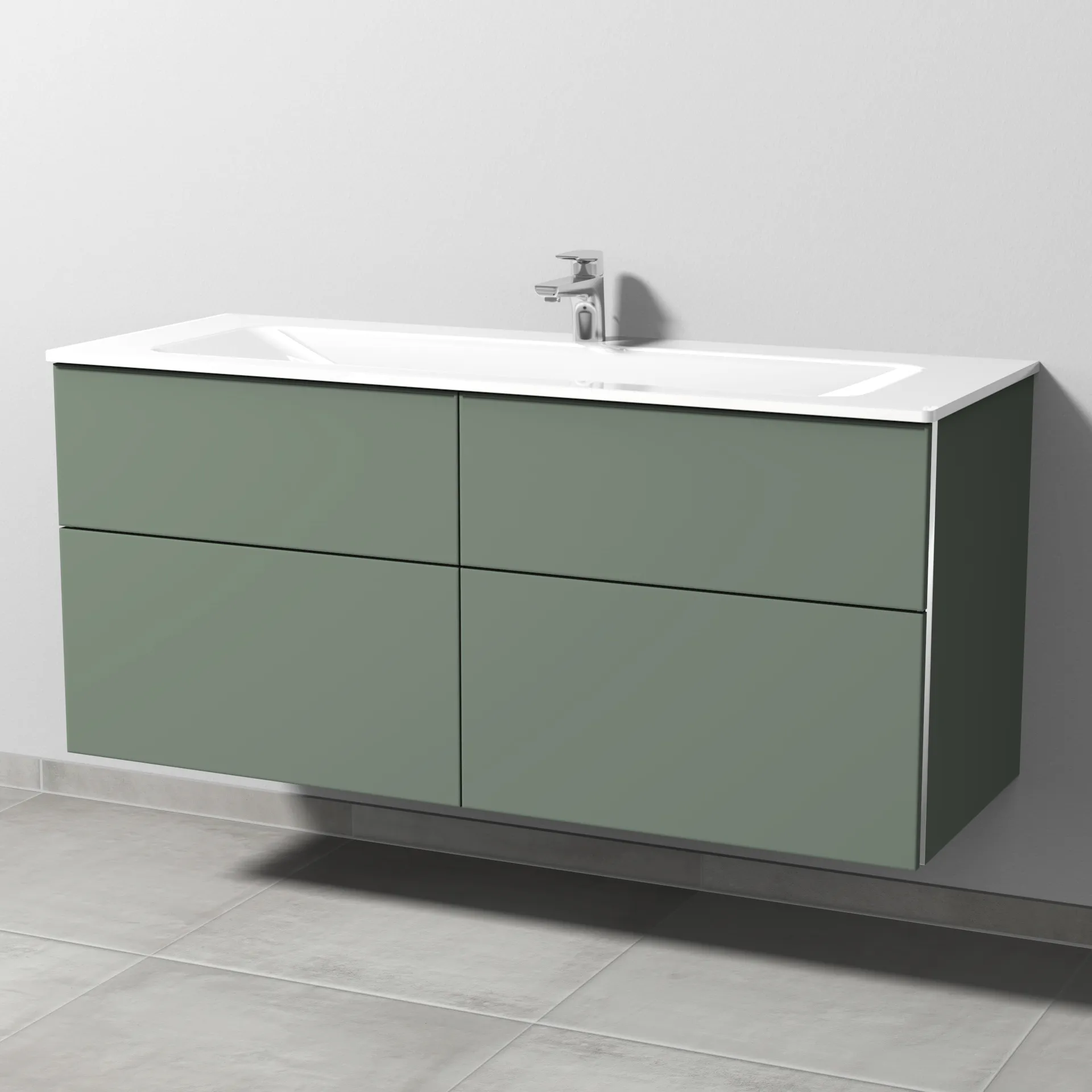 Sanipa Glas-Waschtisch-Waschtischunterschrank mit Waschtischunterschrank „3way“ 1300 × 582 × 487 mm in Soft-Green, mit Hahnlochbohrung