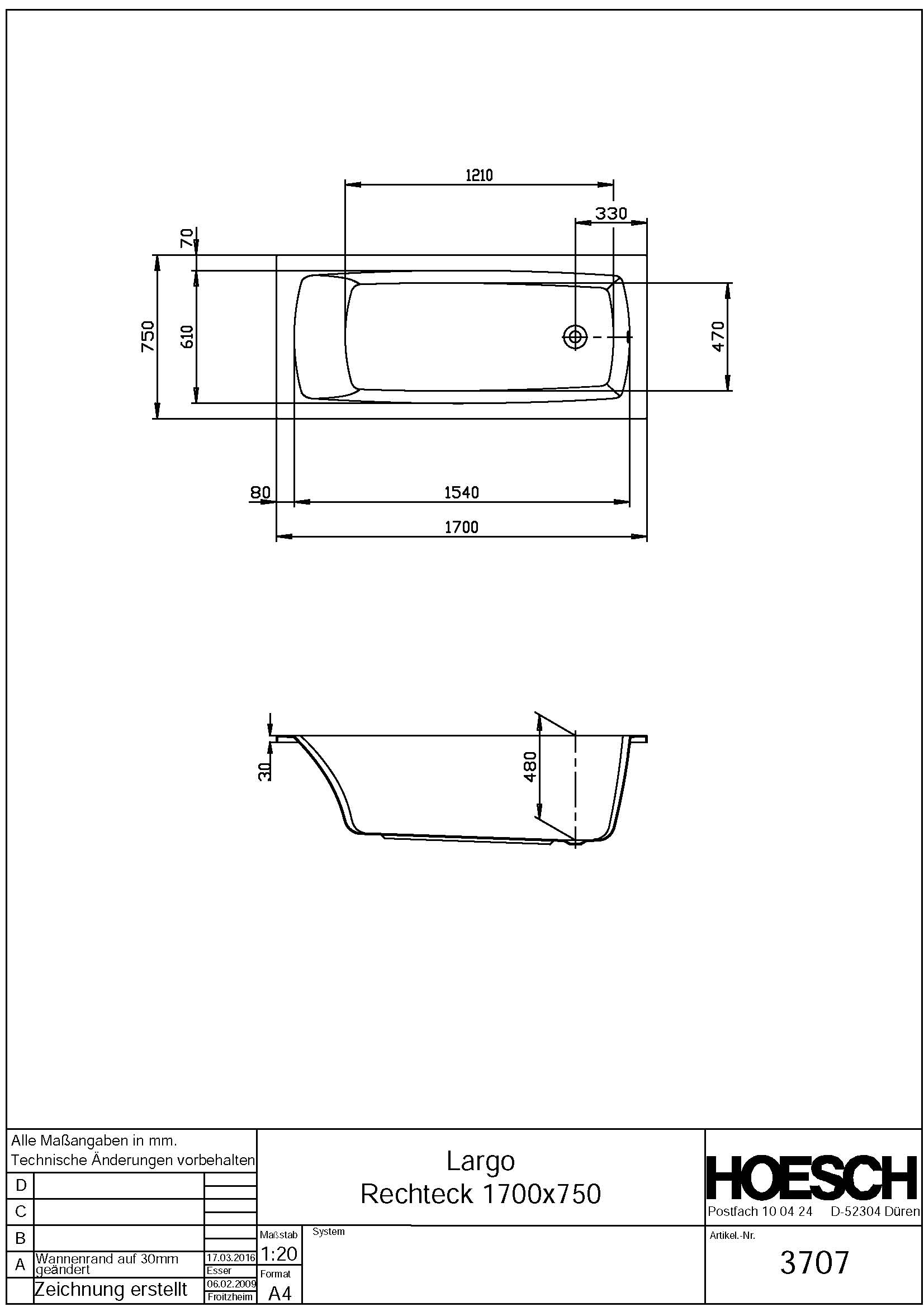 Hoesch Badewanne „Largo“ rechteck 170 × 75 cm