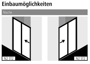 Kermi Duschtür Gleittür 2-teilig mit Festfeld für Nische und Ecke „NOVA 2000“ Profile Silber Mattglanz, BV: 1070 - 1100 mm WE: 1070 - 1100 mm H: 1750 mm