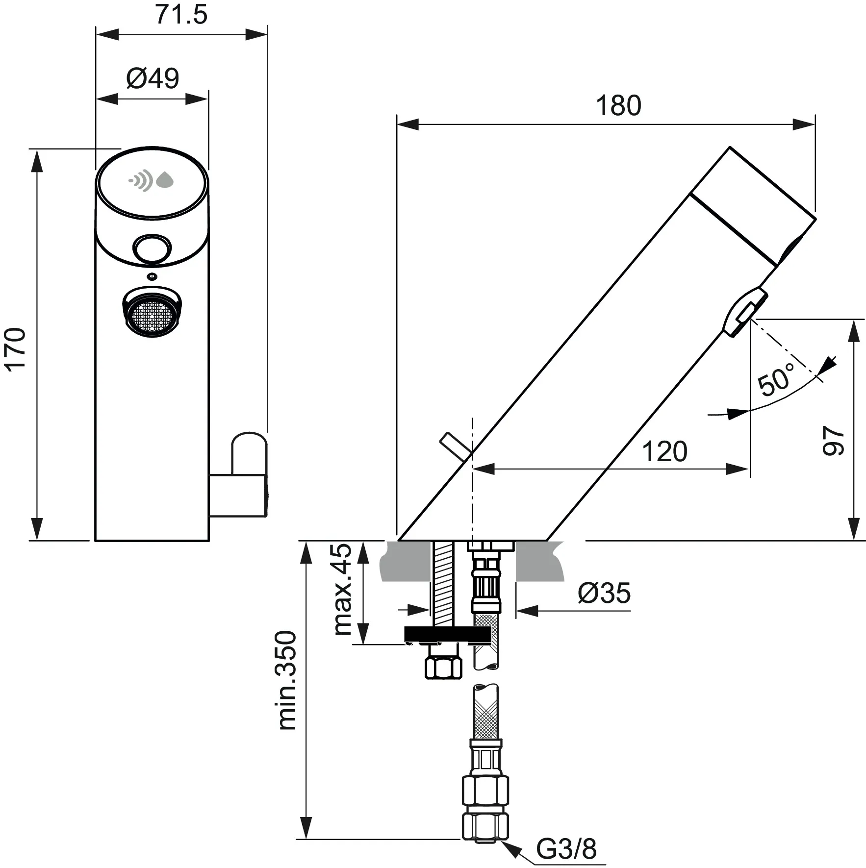 Waschtischarmatur Sensorflow mit Mischung Ausladung 120mm Batterie Chrom