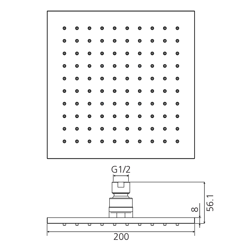 Kopfbrause AqvaDesign - quadratisch - 200 mm × 200 mm - Höhe 7 mm - "easy-clean" - 1/2″ IG - Kugelgelenk, 45° schwenkbar - 23,9 L/min bei 3 bar - Messing-verchromt