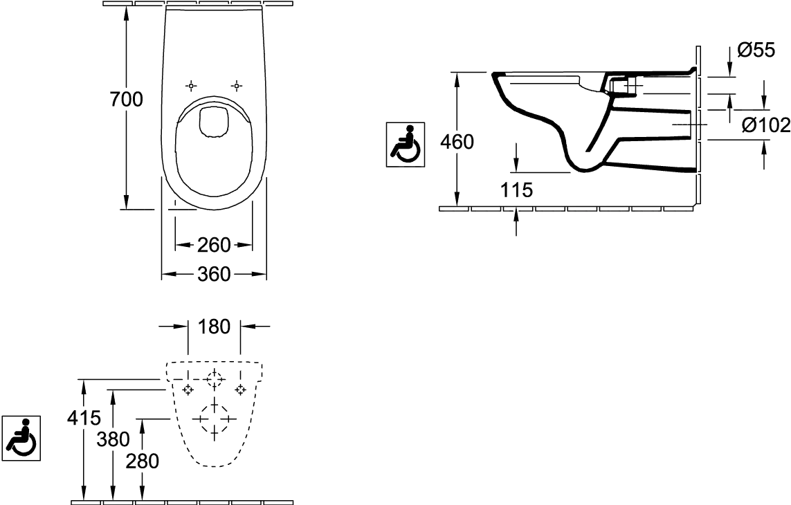 Wand-Tiefspül-WC DirectFlush „ViCare“ 36 × 34,4 × 70 cm ohne Spülrand