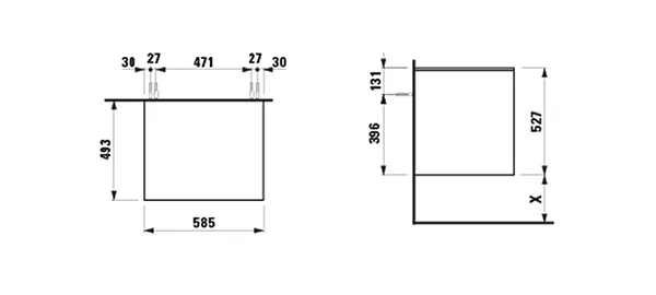 Waschtischunterbau+Waschtischplatte (Schubladenelement) LANI 493x585x527 ohne Ausschnitt Abdeckplatte 12 mm, mit 2 Schubladen integrierter Griffleiste Vollauszug und Soft-Close weiß matt