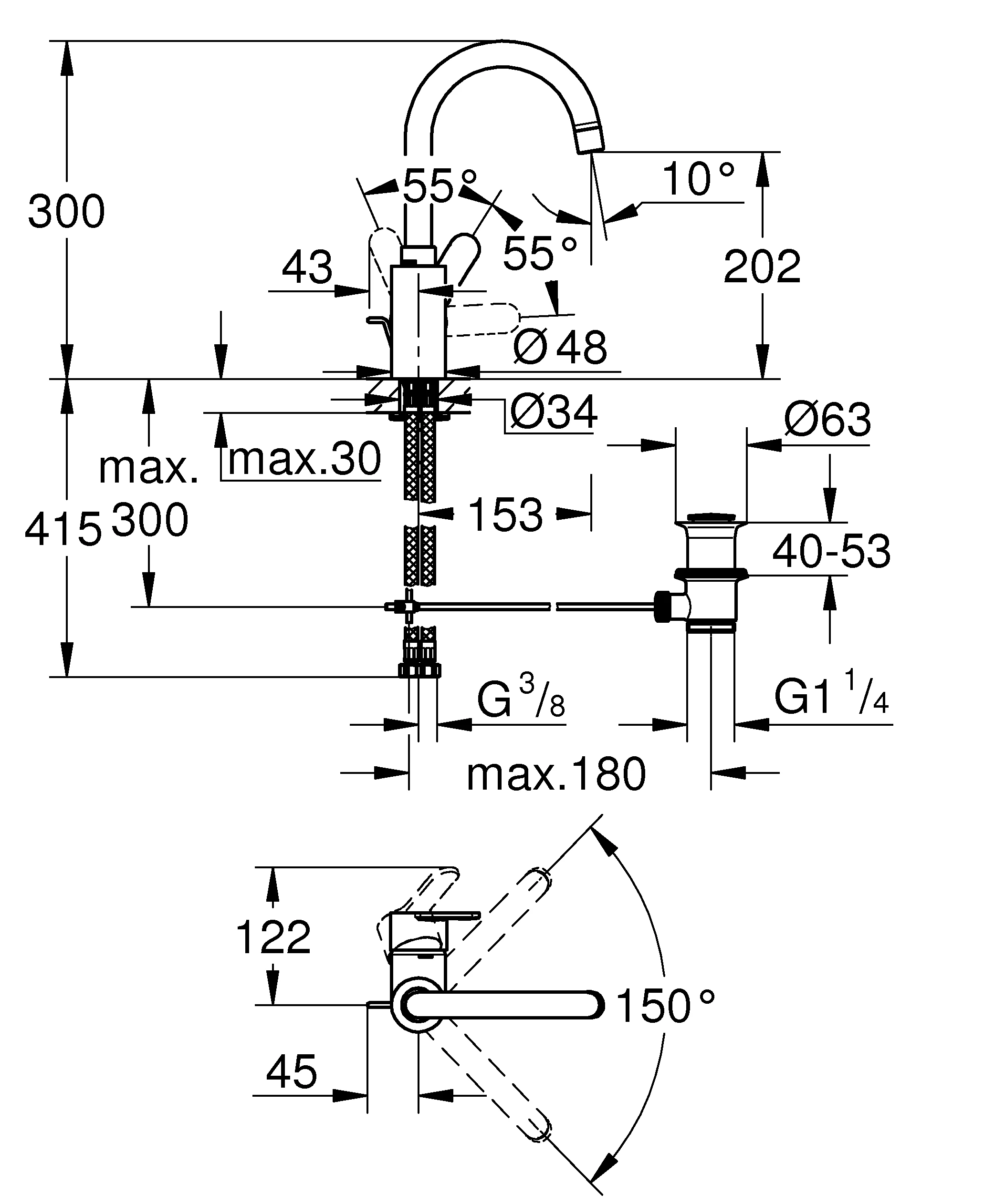 Einhand-Waschtischbatterie Eurostyle Cosmopolitan 23043_3, L-Size, Einlochmontage, getrennte innenliegende Wasserwege – kein Kontakt mit Blei oder Nickel, Zugstangen-Ablaufgarnitur 1 1/4″, chrom