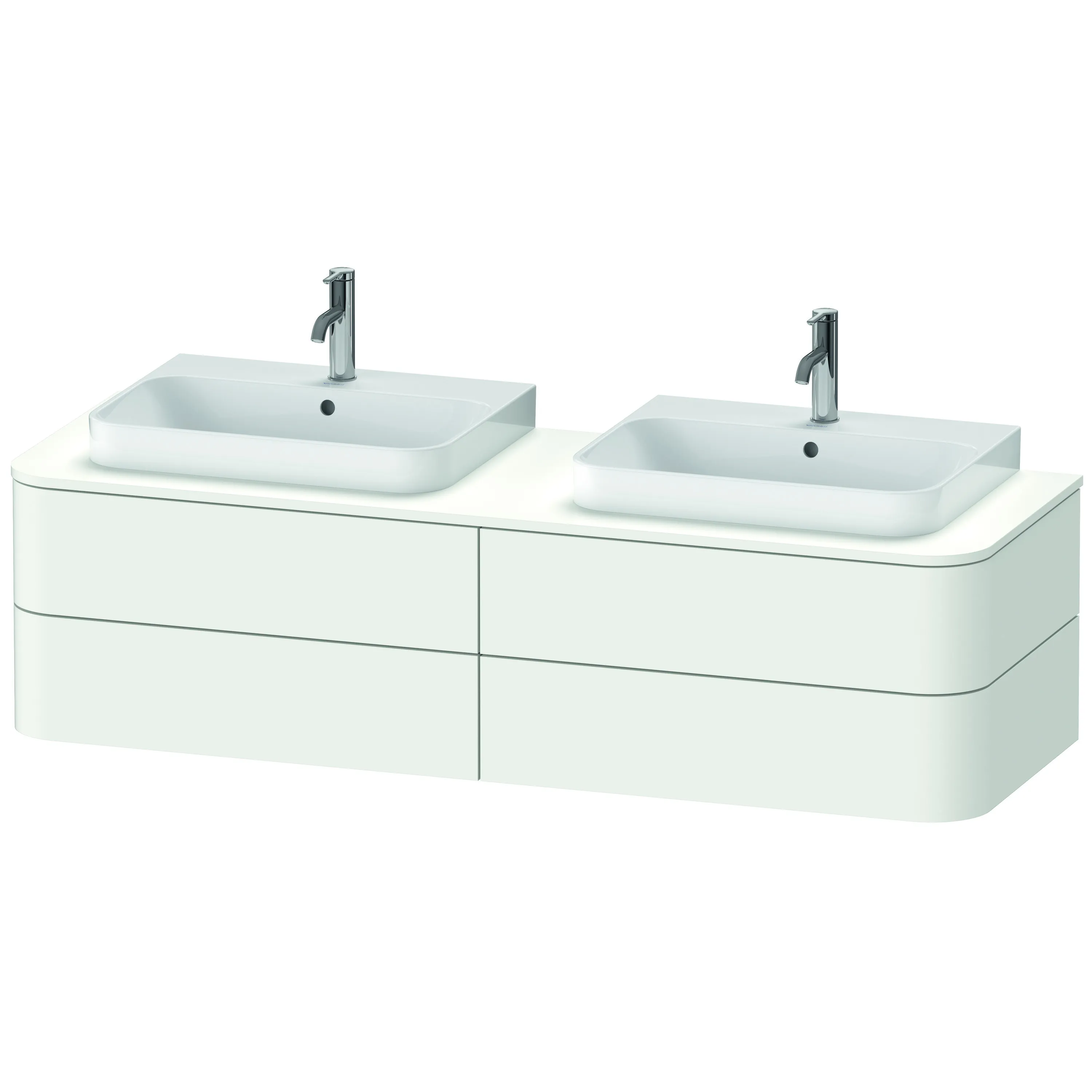 Duravit Waschtischunterschrank wandhängend „Happy D.2 Plus“ 160 × 40,8 × 55 cm Weiß Seidenmatt Becken: links und rechts / Beleuchtung: ohne / Front- & Korpusfarbe: Weiß Seidenmatt / Größe: 160 × 55 × 40,8 cm / Oberfläche: Lack / Schubladen: 4