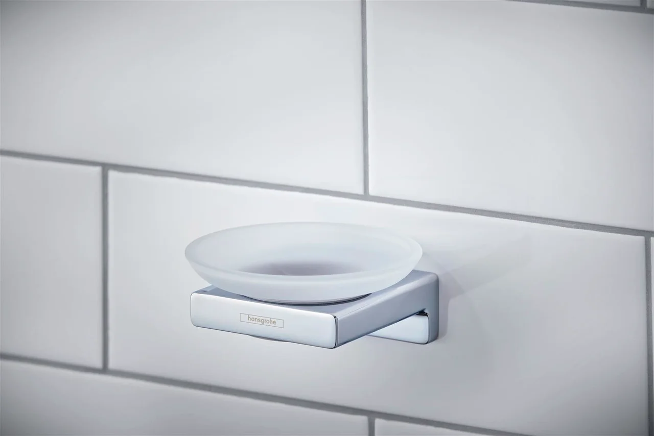 Hansgrohe AddStoris Q Seifenschale Chrom - Wandmontage, Mattglas, Metallhalterung, verdeckte Befestigung, Bohrloch 6 mm, Bohrabstand 26 mm