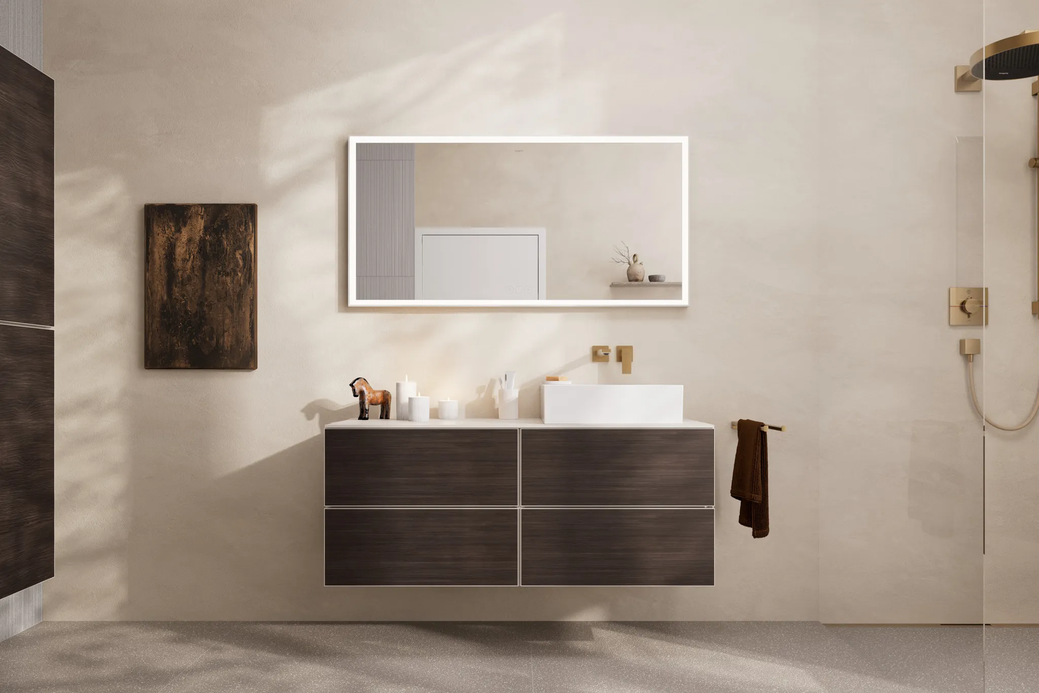 Xevolos E Waschtischunterschrank Sandbeige Matt 1370/550 mit 4 Schubkästen für Konsolen mit Aufsatzwaschtisch geschliffen rechts Bronze Struktur Xevolos E Waschtischunterschrank Sandbeige Matt 1370/550 mit 4 Schubkästen für Konsolen mit Aufsatzwaschtisch geschliffen rechts Bronze Struktur
