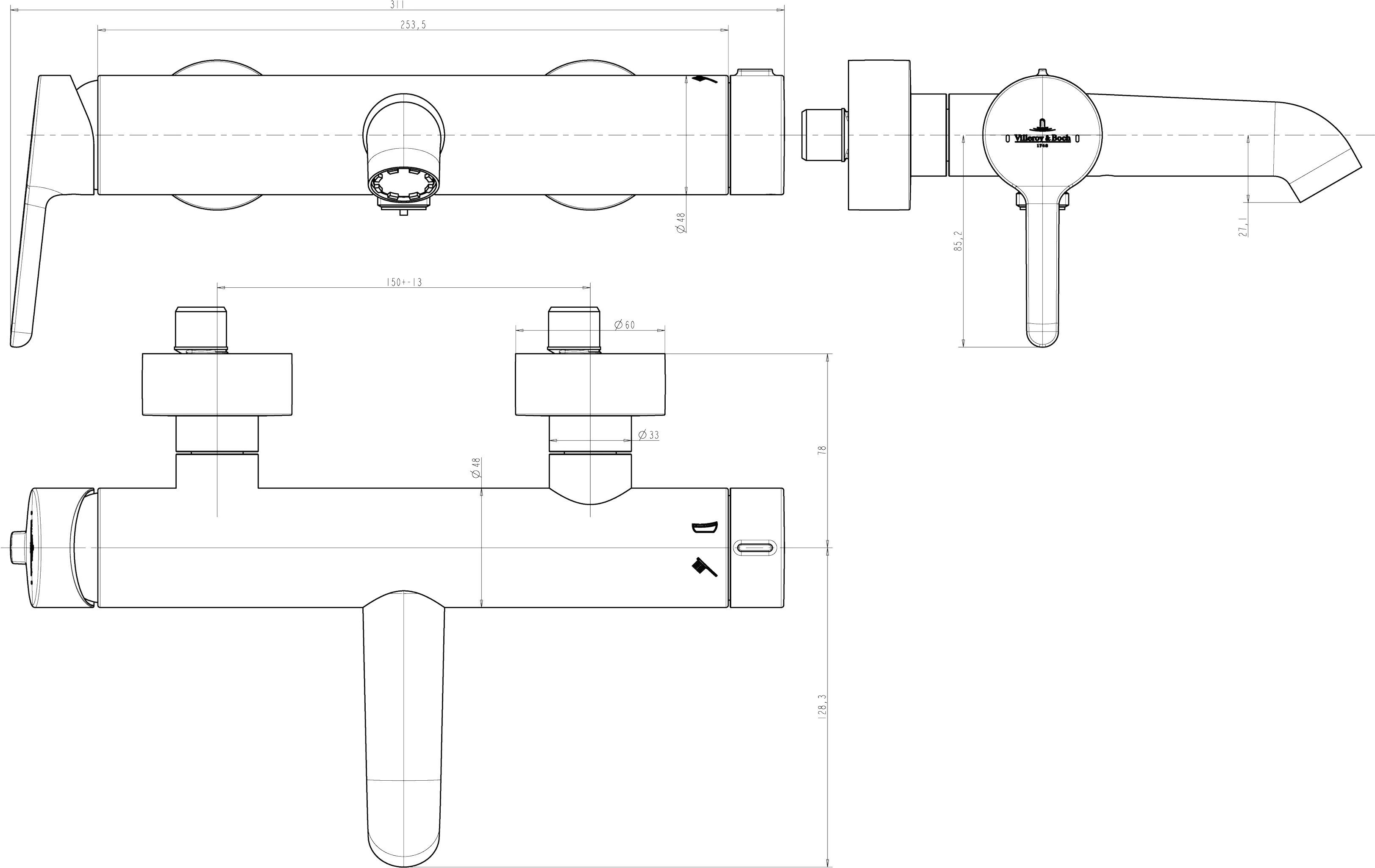 Villeroy & Boch Skyla Einhebel-Badewannenarmatur, rund, Chrom, 185x340x218 mm, Wanneneinbaumaß 340 mm, Höhe 218 mm