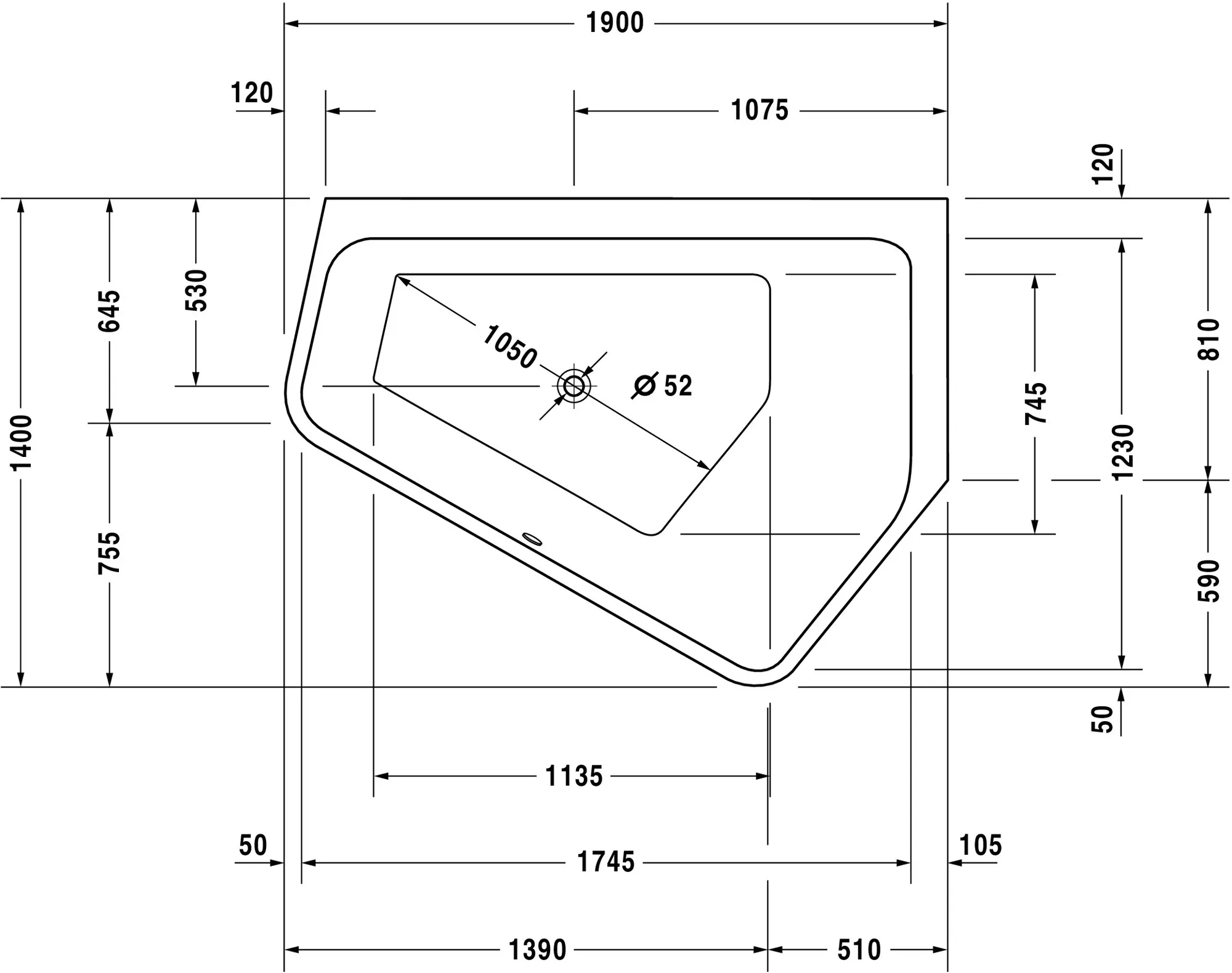 Duravit Badewanne „Paiova 5“ fünfeck 190 × 140 cm, rechts