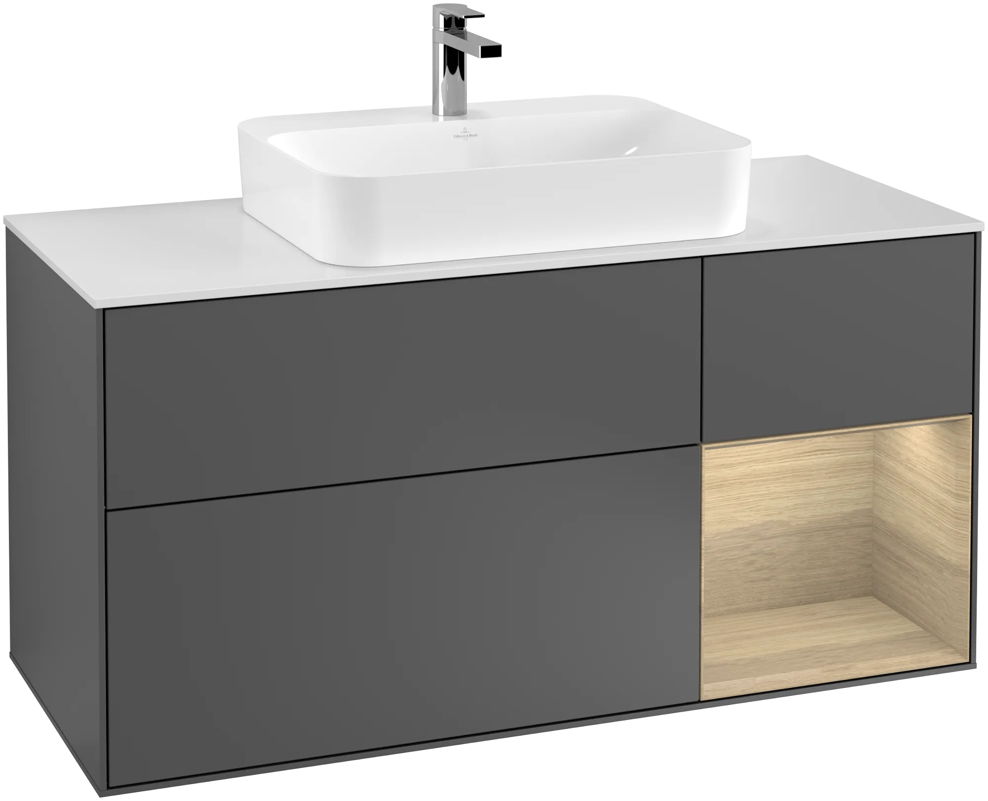 Villeroy & Boch Finion Waschbeckenunterschrank F42, 1200x603x501mm, anthrazit matt lackiert / Eiche massiv / Glas Weiss Matt