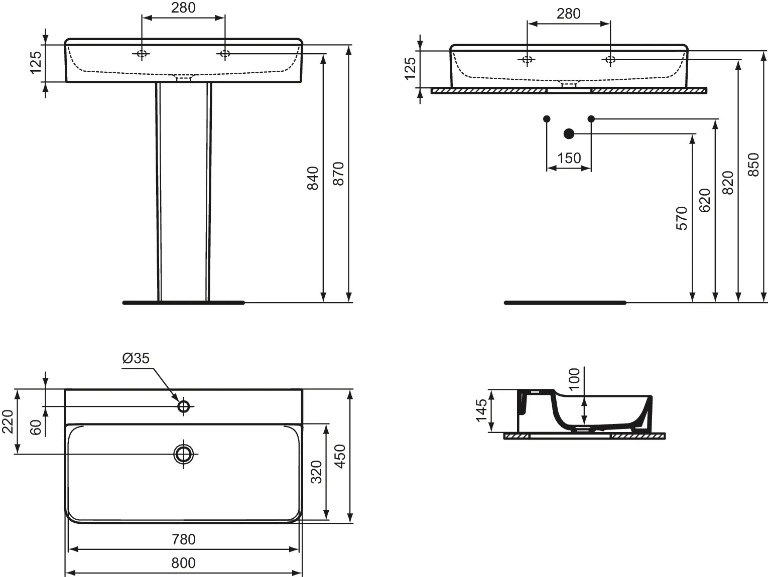Ideal Standard Waschtisch Conca, 1 Hahnloch, geschliffen, weiß, 800x450x145 mm