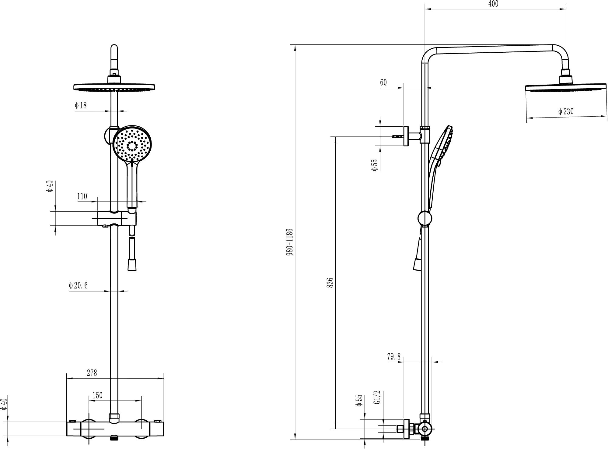 Villeroy & Boch Universal Showers Duschsystem, Chrom, 1096 mm Höhe, 278 x 576 mm, Wandmontage