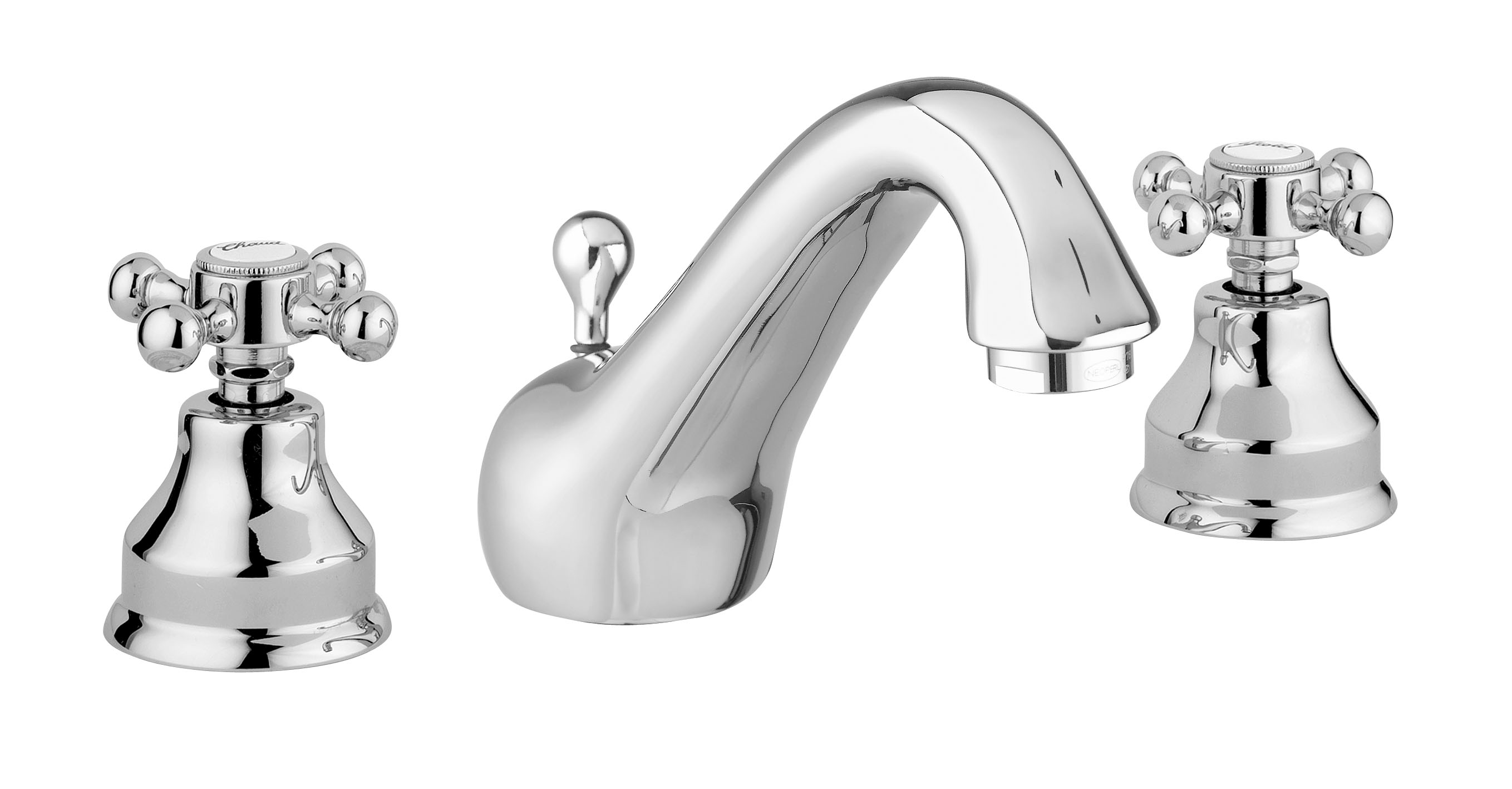 Waschtisch-Dreilochbatterie AqvaRetro I - 1" 1/4 Zugstangen-Ablaufgarnitur - keramische Innenoberteile 90° - flexible Druckschläuche 3/8", DVGW W270 - chrom Waschtisch-Dreilochbatterie AqvaRetro I - 1" 1/4 Zugstangen-Ablaufgarnitur - keramische Innenoberteile 90° - flexible Druckschläuche 3/8", DVGW W270 - chrom