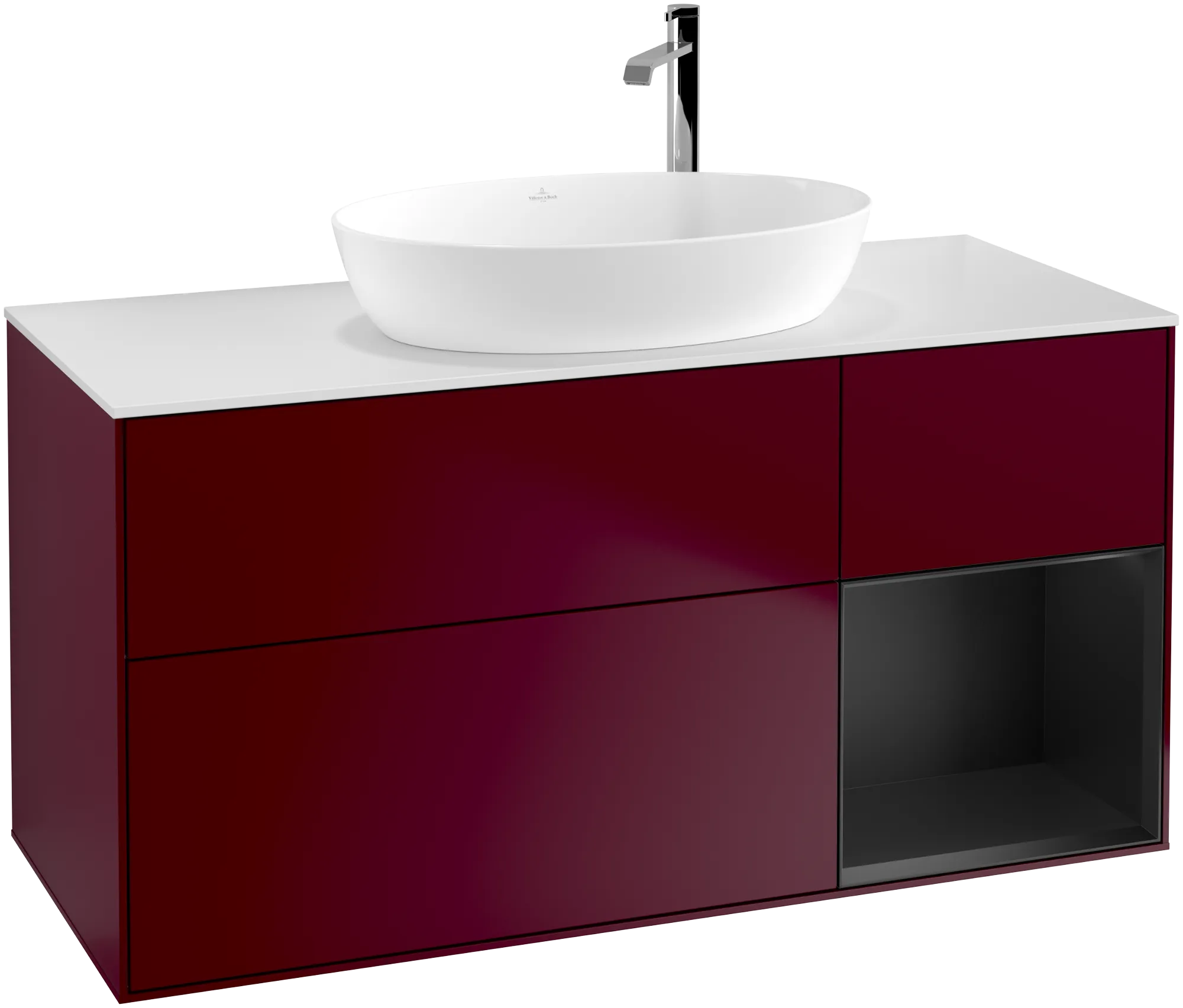 Villeroy & Boch Finion Waschbeckenunterschrank G95, 1200x603x501mm, Beleuchtung, 3 Auszüge, Peony Matt Lacquer / Black Matt Lacquer / Glass White Matt