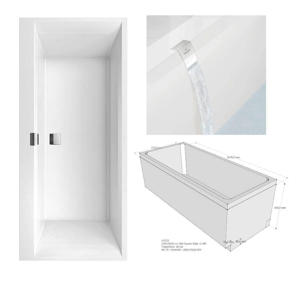 Set- Villeroy & Boch Badewanne „Squaro Edge 12“ 170 × 75 cm, Mittelablauf, Badewannenträger 170 × 75 × 45 cm, Villeroy & Boch Wasserzulauf