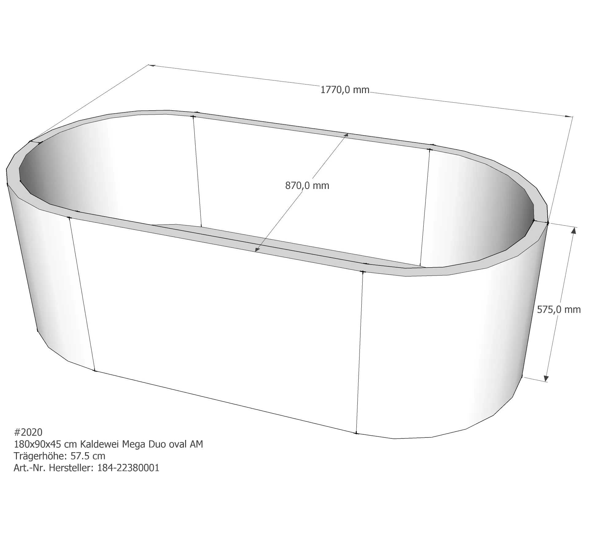 Badewannenträger für Kaldewei Mega Duo Oval 180 × 90 × 45 cm