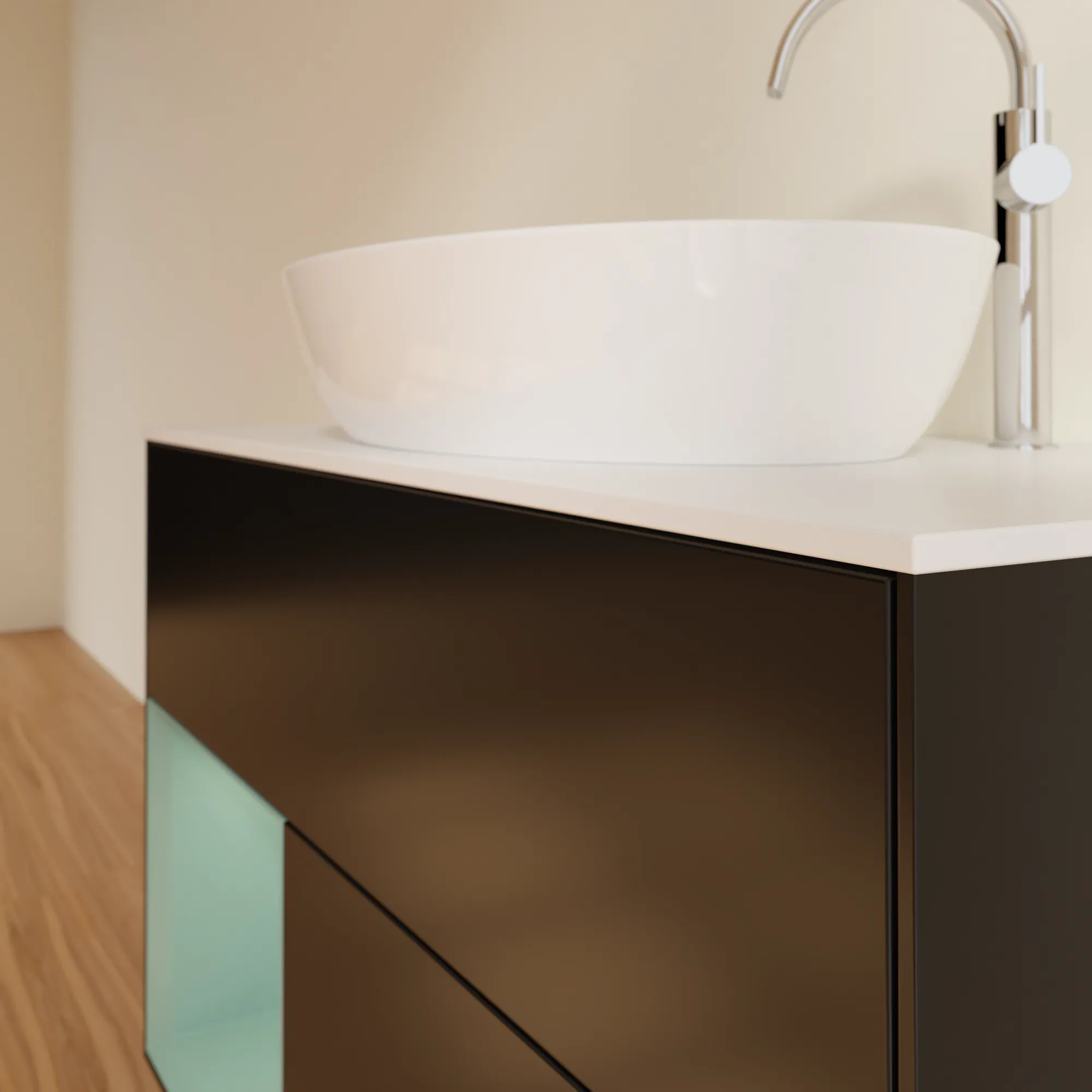Villeroy & Boch Waschbeckenunterschrank Finion F89, 1000x603x501 mm, Black Matt Lacquer mit Olive Regal, Beleuchtung dimmbar, Push-to-open, SoftClosing Villeroy & Boch Waschbeckenunterschrank Finion F89, 1000x603x501 mm, Black Matt Lacquer mit Olive Regal, Beleuchtung dimmbar, Push-to-open, SoftClosing