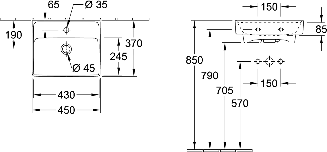 Villeroy & Boch Handwaschbecken aus TitanCeram „Collaro“ 450 × 370 × 150 mm, mit Hahnlochbohrung, Hahnlochposition mittig in Weiß Alpin Villeroy & Boch Handwaschbecken aus TitanCeram „Collaro“ 450 × 370 × 150 mm, mit Hahnlochbohrung, Hahnlochposition mittig in Weiß Alpin