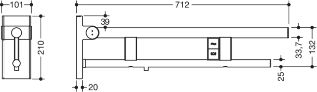 Stützklappgriff Duo, Design A des Systems 900, Edelstahl, PVD, Ausladung 700 mm, mit Spül-/Funktionstasten (E-Ausführung), Ausführung links, in Farbe CK (messing glänzend) Stützklappgriff Duo, Design A des Systems 900, Edelstahl, PVD, Ausladung 700 mm, mit Spül-/Funktionstasten (E-Ausführung), Ausführung links, in Farbe CK (messing glänzend)