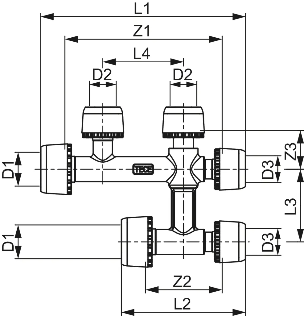 TECElogo-Ax Kreuzungsfitting Dimension 16 × 16 × 16, Standard Messing