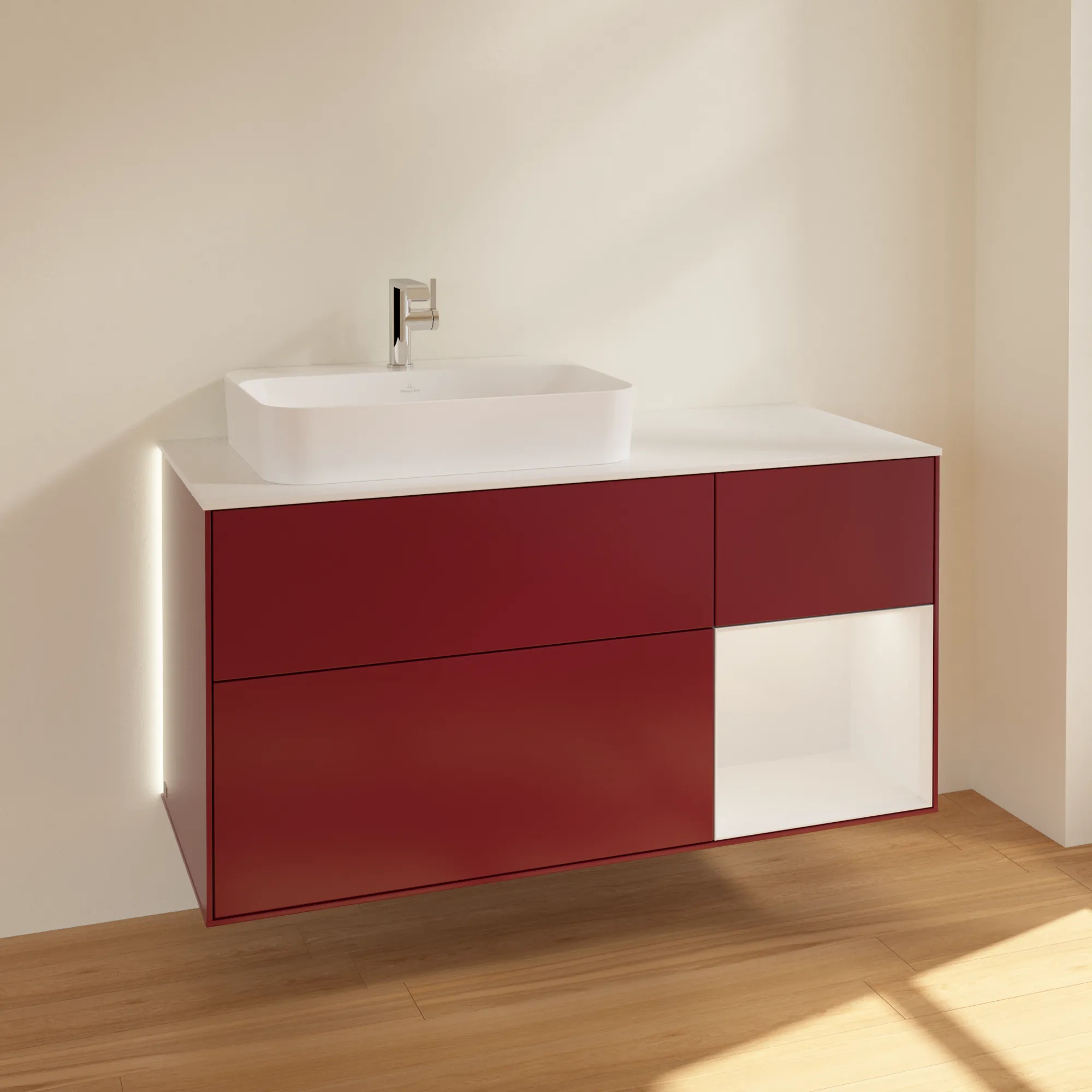 Villeroy & Boch Waschtischunterschrank „Finion“ für Schrankwaschtisch 1200 × 603 × 501 mm Peony Matt Lacquer, für Becken links Villeroy & Boch Waschtischunterschrank „Finion“ für Schrankwaschtisch 1200 × 603 × 501 mm Peony Matt Lacquer, für Becken links