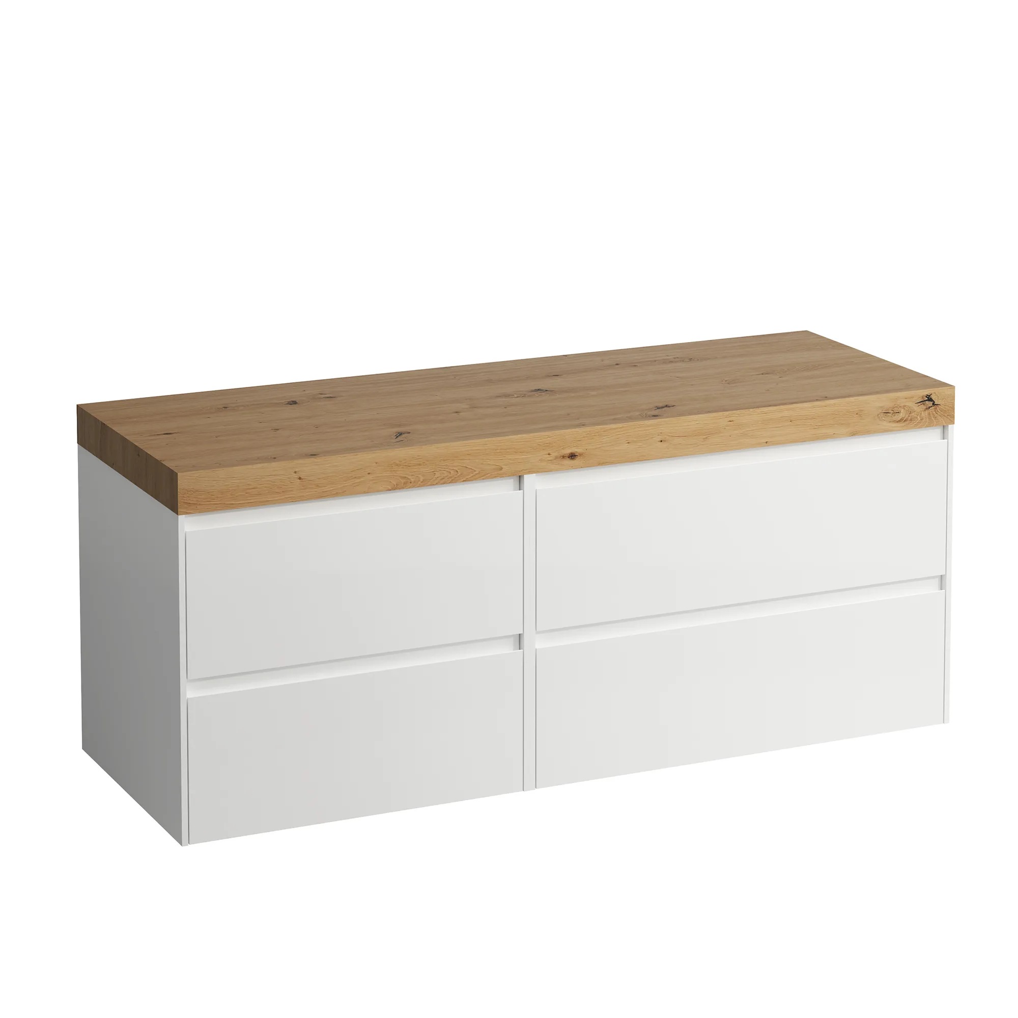 Waschtischunterbau+Waschtischplatte (MODULAR SYSTEM) LANI 495x1370x580 ohne Ausschnitt Abdeckplatte 65 mm (Farbe: .267 wildeiche), mit 4 Schubladen (800 mm rechts + 600 mm links) integrierter Griffleiste Vollauszug und Soft-Close weiß matt