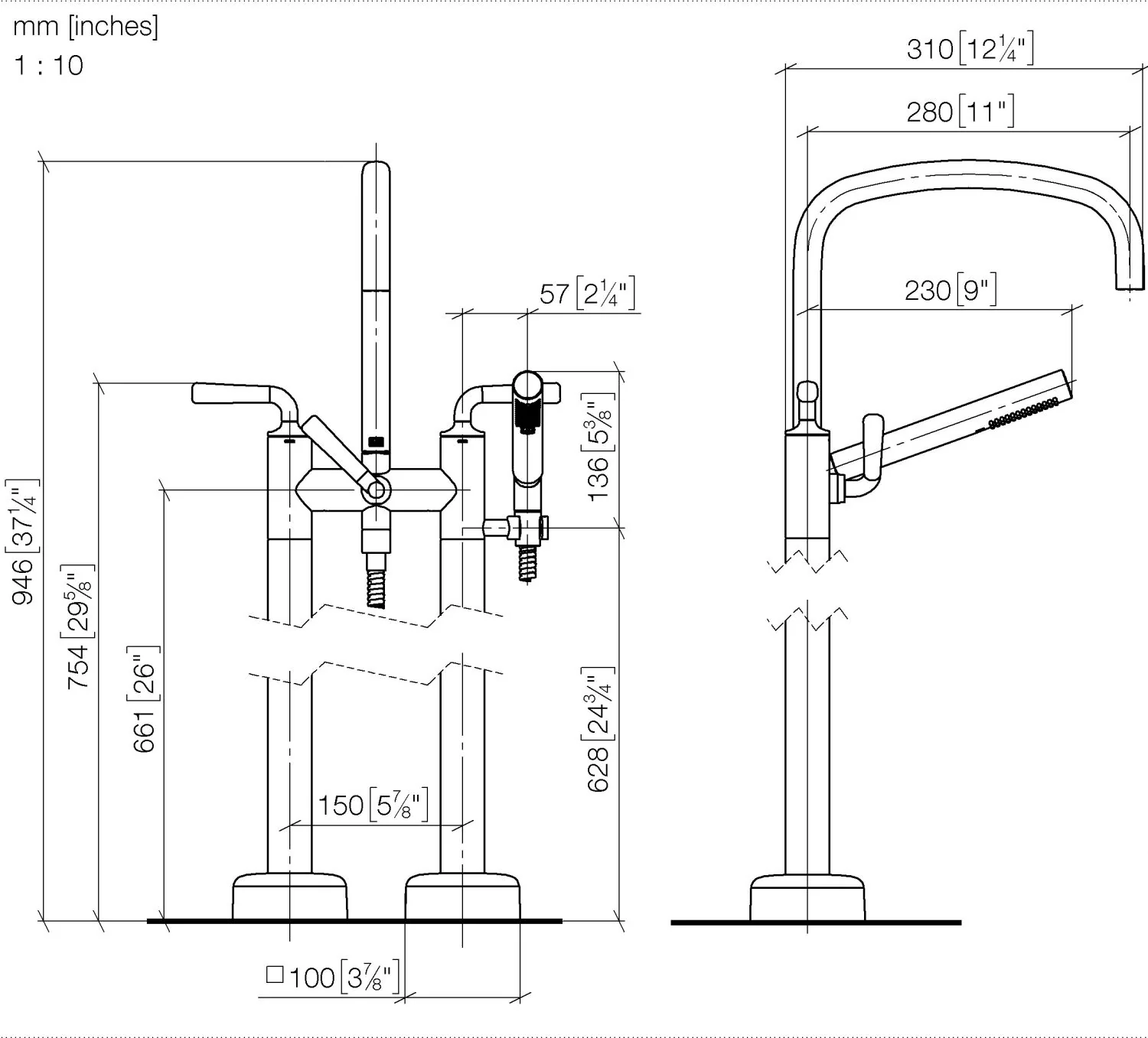 Dornbracht COYA Wannen-Zweilochbatterie für freistehende Montage, Dark Brass gebürstet (PVD), Ausladung 280 mm, Höhe gesamt 946 mm, Schubrosetten Ø 100 mm Dornbracht COYA Wannen-Zweilochbatterie für freistehende Montage, Dark Brass gebürstet (PVD), Ausladung 280 mm, Höhe gesamt 946 mm, Schubrosetten Ø 100 mm