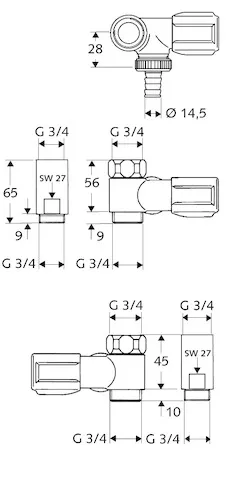 NA-Ventil COMFORT, Ausführung links, RFV im Abgang Geräteanschluss, Baulänge: 45 mm, DN 20 G 3/4 AG, Schlauchverschraubung Ø 14,5 mm (DN 20 G 3/4 AG), DN 20 G 3/4 IG, chrom