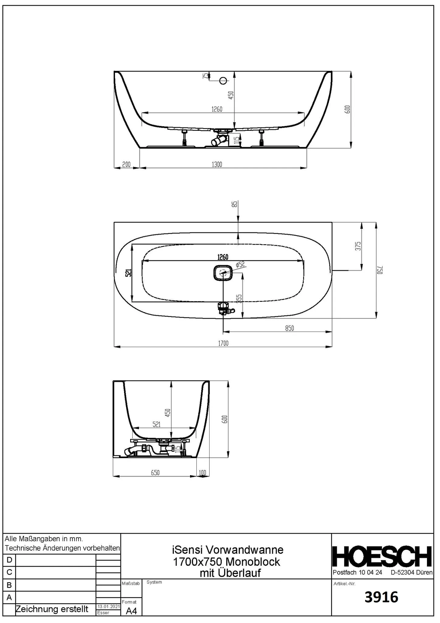 Hoesch iSensi Vorwand 1700x750 Monolith mit Überlauf, Weiß