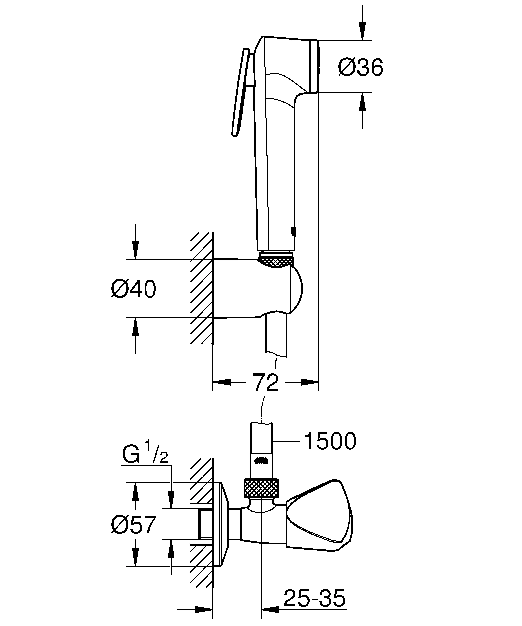 Wandhalterset Tempesta-F Trigger Spray 30 26357, mit Absperrventil, 1 Strahlart, Handbrause mit Betätigungstaste, Handbrausehalter, Brauseschlauch 1.500 mm, Absperrventil 1/2″, chrom