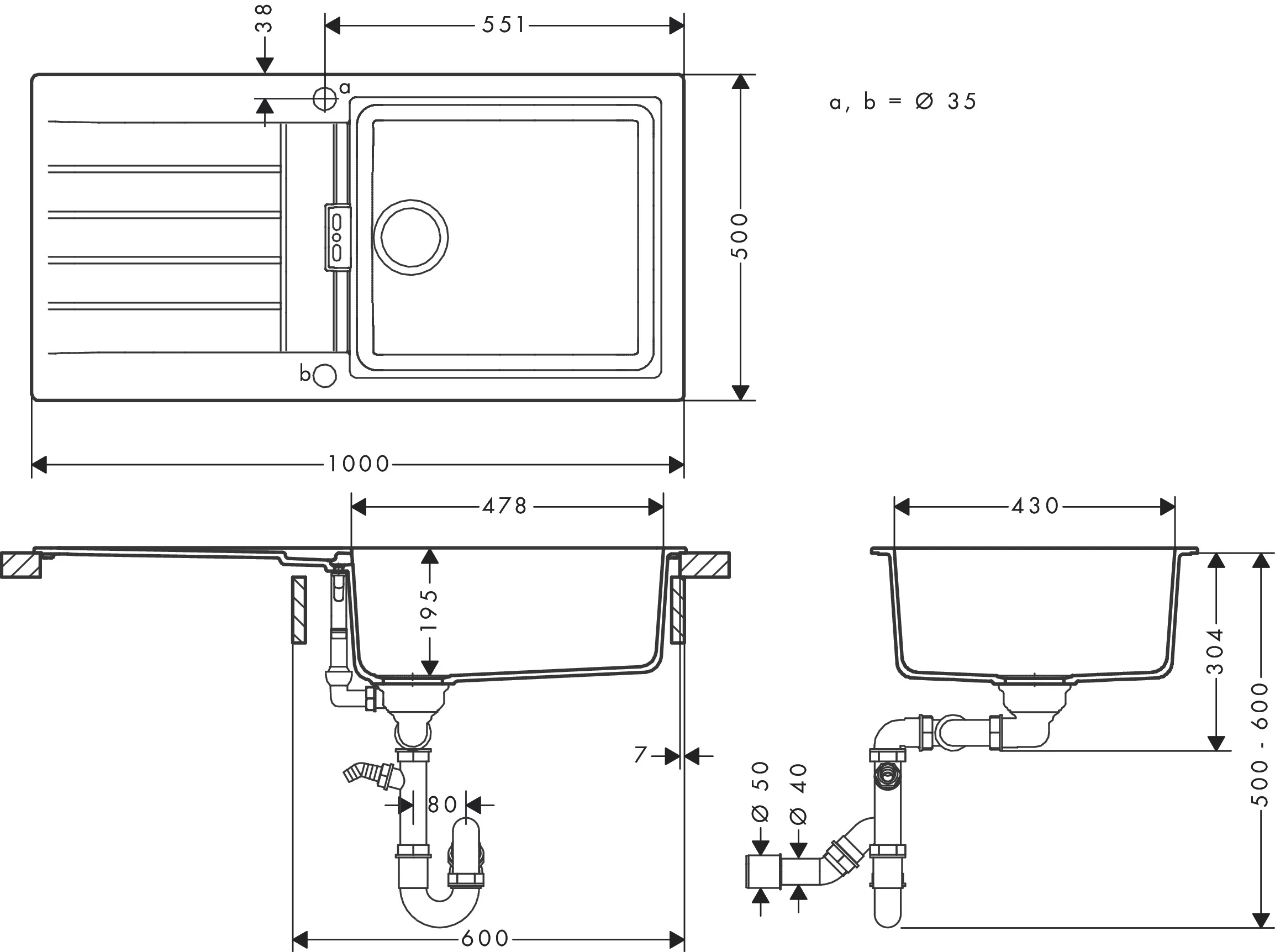 S52 S520-F480 Einbauspüle mit automatischer Ablaufgarnitur Graphitschwarz