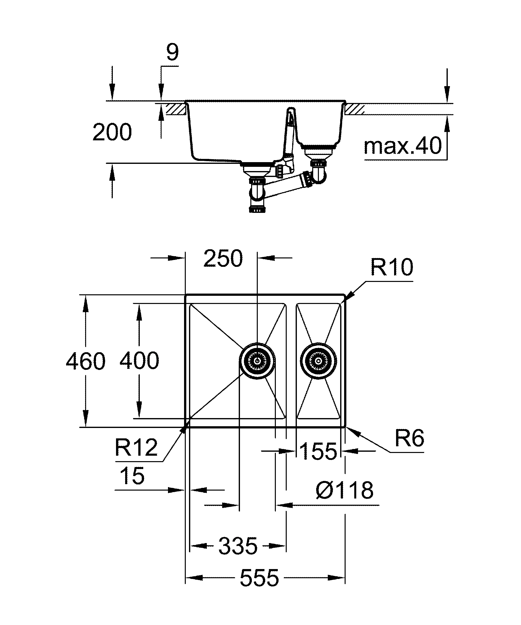 Kompositspüle K500 31648, Modell: K500 60-C 55,5/46 1.5 rev, Montageart: Standard-Einbau und Unterbau, Maße: 555 x 460 mm, 1 Becken: 335 x 400 x 200 mm, 0,5 Becken: 155 x 400 x 140 mm, granit schwarz