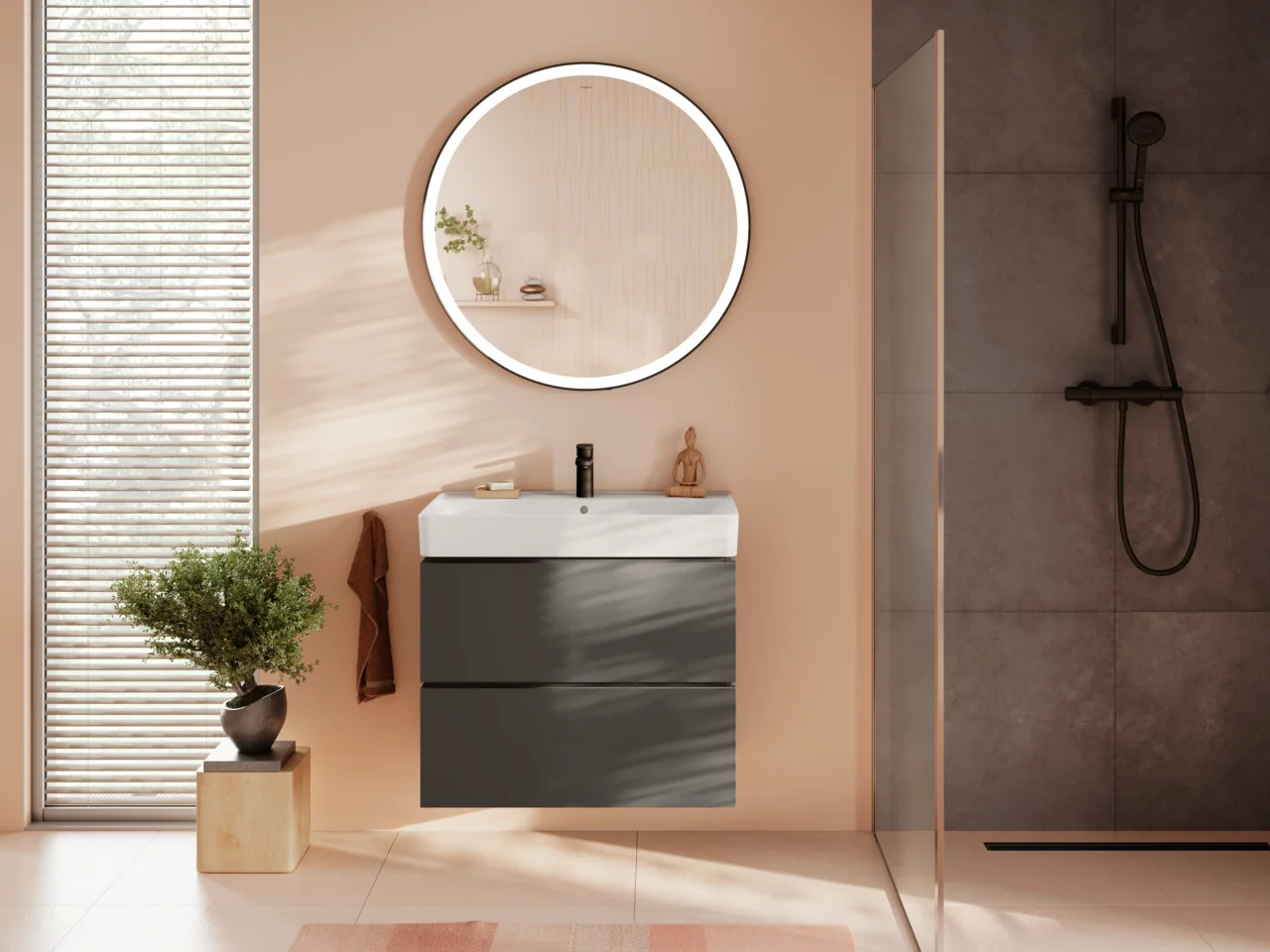 Hansgrohe Xarita Lite S Spiegel mit runder LED-Beleuchtung IR Sensor MSW, Mattschwarz, Maße: 900x900x30 mm