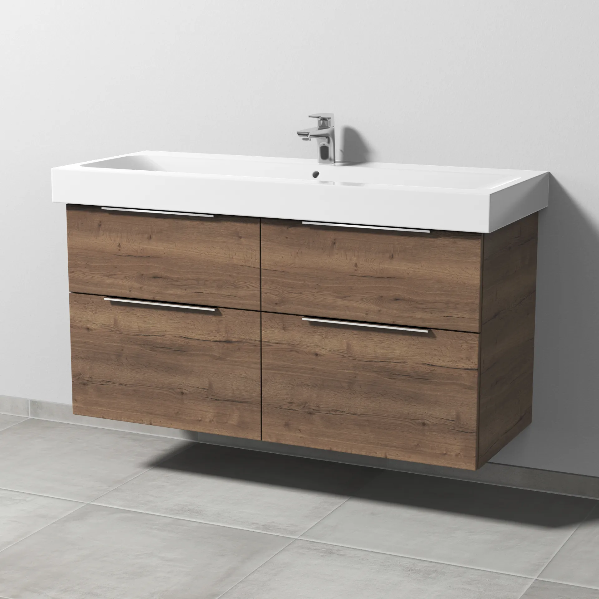 Sanipa Waschtischunterschrank „3way“ passend zu Keramik-Waschtische iCon von Geberit 1150 × 593 × 462 mm in Eiche Tabak, Becken mittig